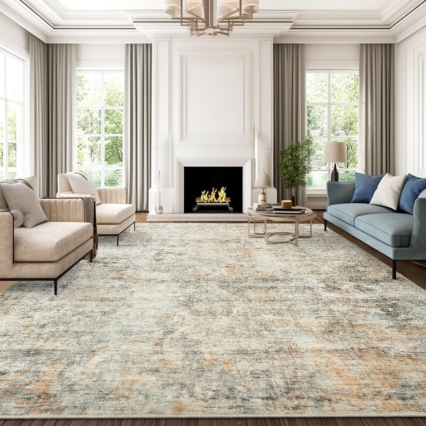 9x12 Area Rugs for Living Room, Non Slip Machine Washable Vintage Rugs, Low Pile Lightweight Large Rug for Bedroom, Dining Room, Home Office Beige