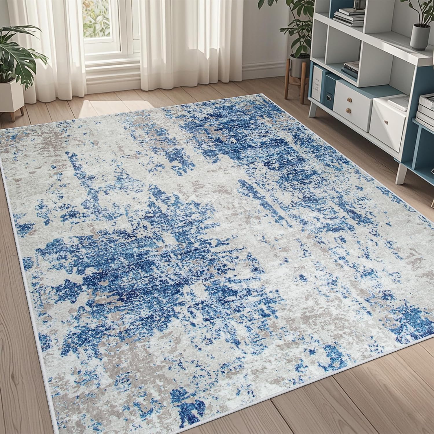 8x10 Area Rugs for Living Room Rug Washable: Abstract Large Rug for Dining Room Bedroom Carpet Non Slip 8 by 10 Indoor Modern Nursery Home Office Blue Grey
