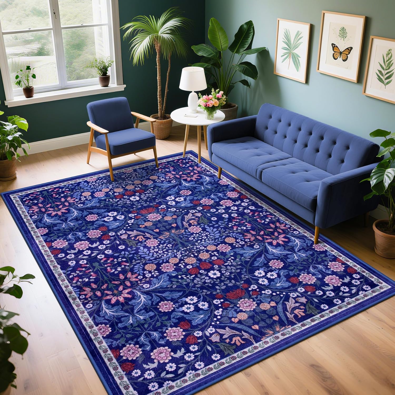 8x10 Area Rugs for Living Room: Floral Washable Rug Vintage Large Soft Boho Non-Slip Carpet Indoor Floor Stain Resistant Carpets for Bedroom Dining Room Farmhouse Nursery Home Office Dark Green