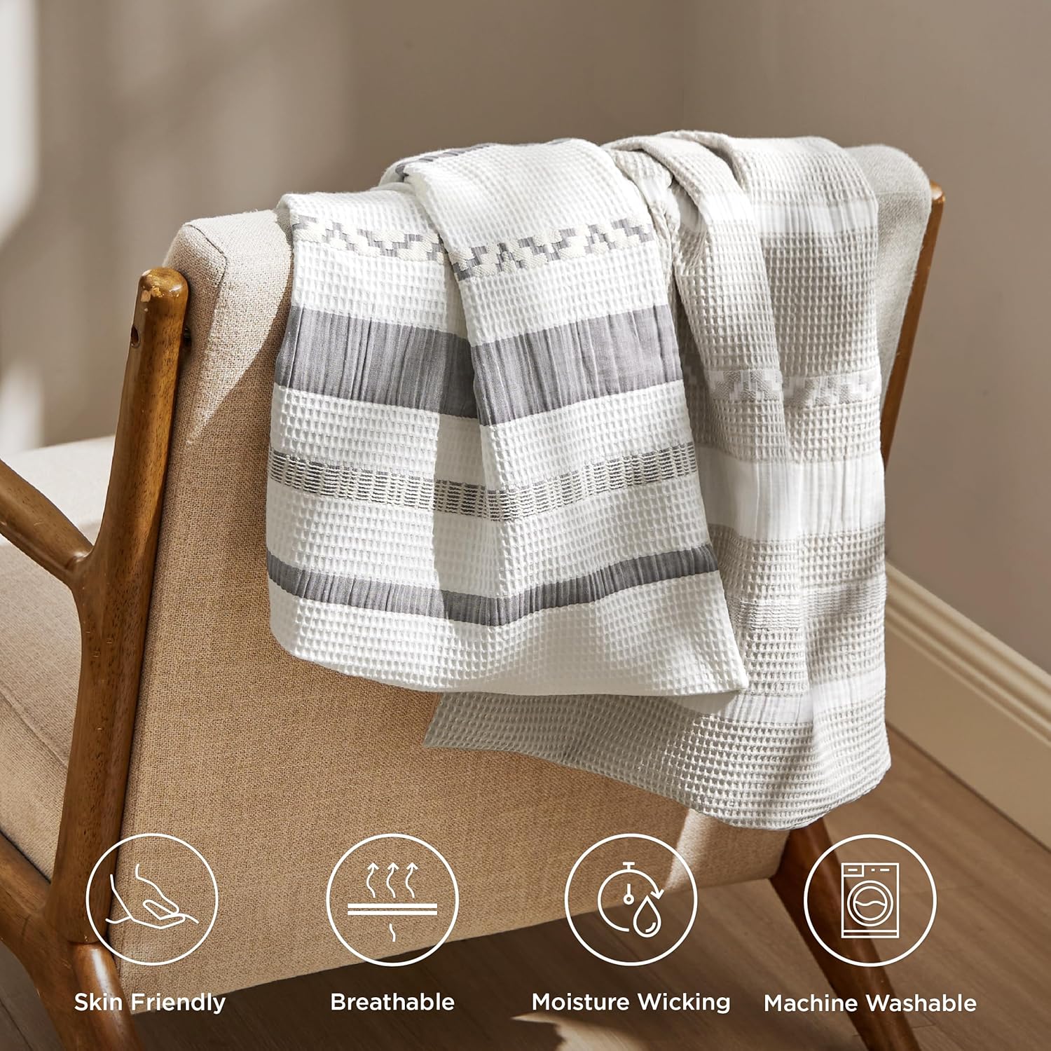 Bedsure Waffle King Size Comforter Set - Linen Soft Cotton Bedding Set for All Seasons, Stripe Fluffy Bed Set 3 Pieces with 1 Waffle Weave Comforter King Size and 2 Pillow Shams