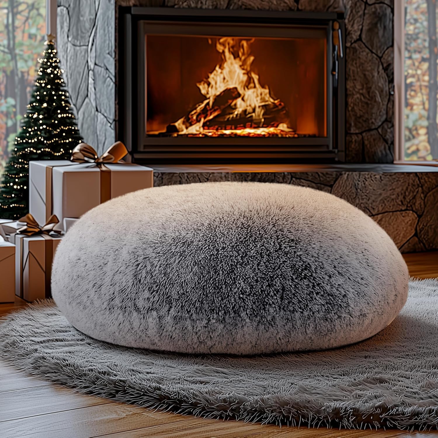 Codi Faux Fur Floor Pillows, Fluffy Large Round Cushions Sitting for Adults, Decorative Fuzzy Pillow for Fireplace, Living Room, Christmas, 32 Inch, Light Grey