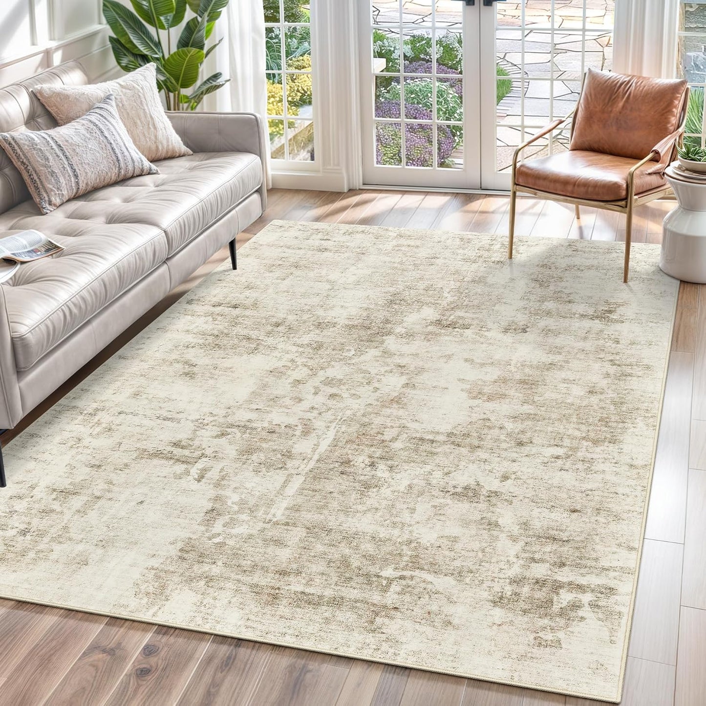 9x12 Area Rugs for Living Room, Non Slip Machine Washable Vintage Rugs, Low Pile Lightweight Large Rug for Bedroom, Dining Room, Home Office Beige