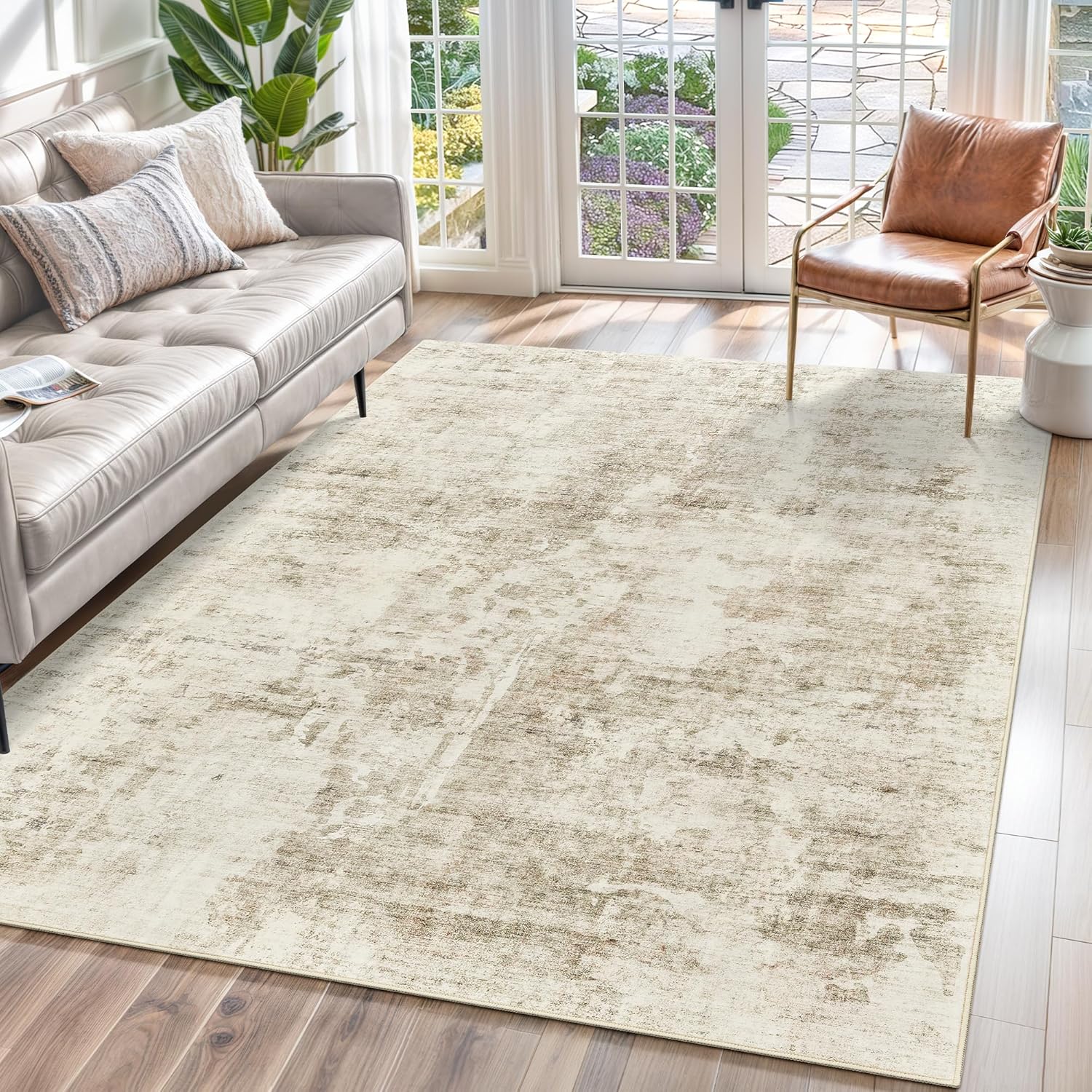 Washable Area Rug 8x10, Large Soft Rugs for Living Room Vintage Beige Carpet 8x10 Area Rugs for Bedroom Dining Room Non-Slip Stain Resistant Under Table Rug