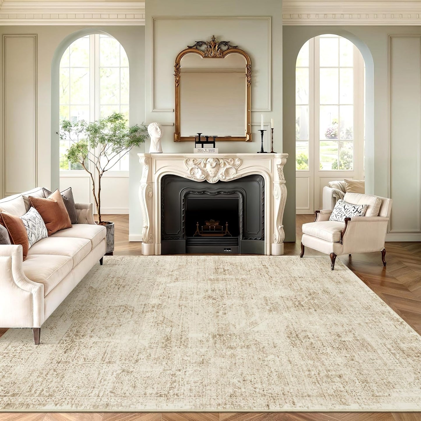 9x12 Area Rugs for Living Room, Non Slip Machine Washable Vintage Rugs, Low Pile Lightweight Large Rug for Bedroom, Dining Room, Home Office Beige