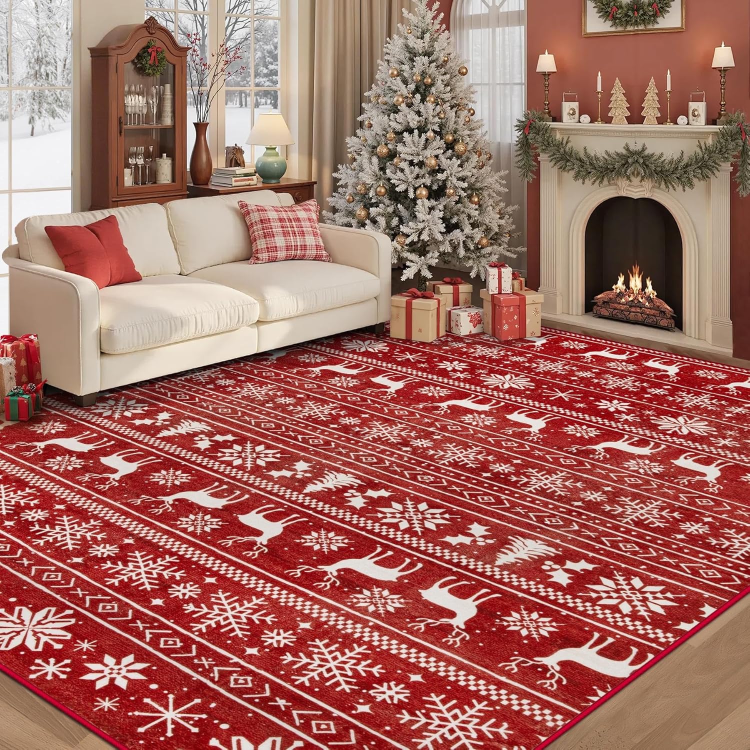 Area Rug 8x10 Washable Rug, Vintage Boho Medallion Rugs Non-Slip Soft Low Pile Large Distressed Rug Indoor Retro Carpet for Living Room Bedroom Dining Room Home Office (Beige, 8'x10')