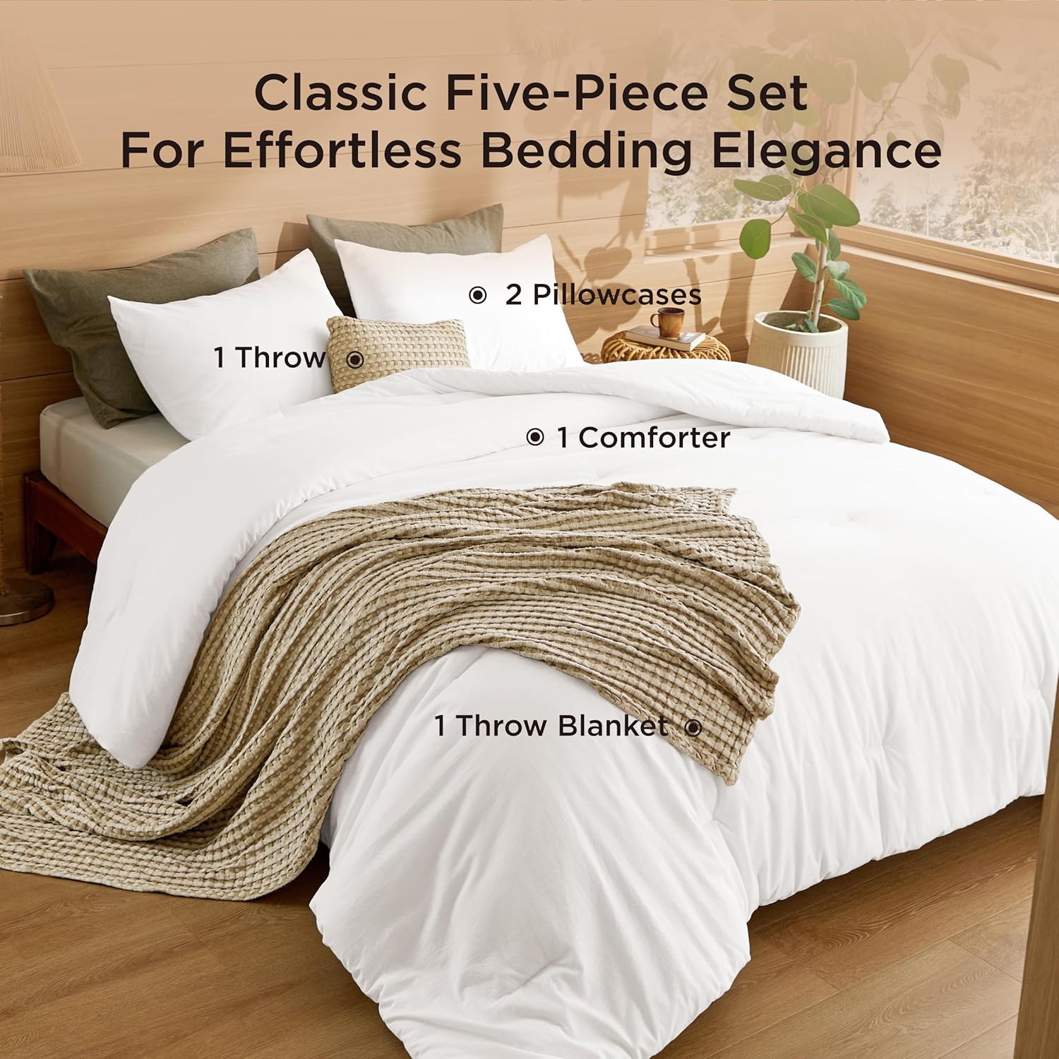 Bedsure 5 Pieces Cotton Comforter Set with Cotton Waffle Throw Blanket - White Queen Comforter, Pillow Shams, Taupe Cooling Blanket of Rayon Derived from Bamboo for Hot Sleepers, Throw Pillow
