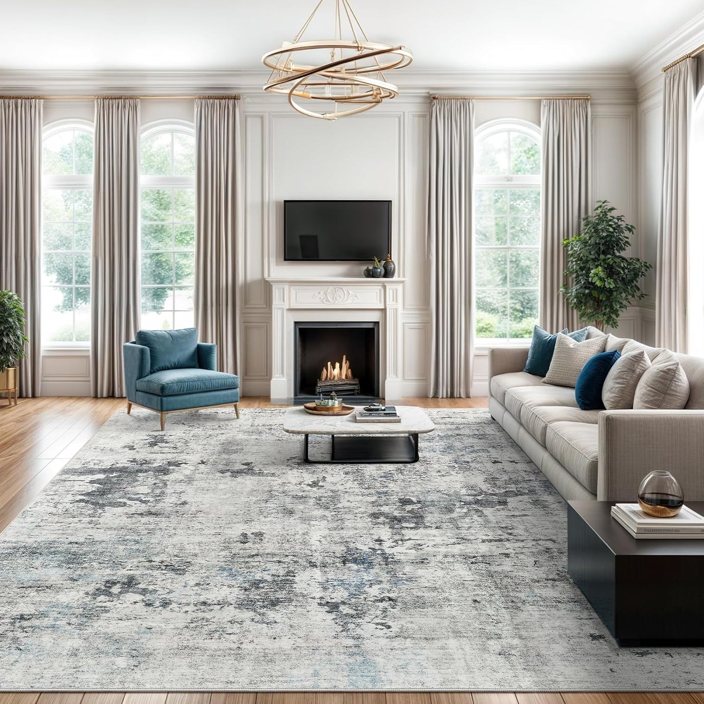 9x12 Area Rugs for Living Room, Non Slip Machine Washable Vintage Rugs, Low Pile Lightweight Large Rug for Bedroom, Dining Room, Home Office Beige