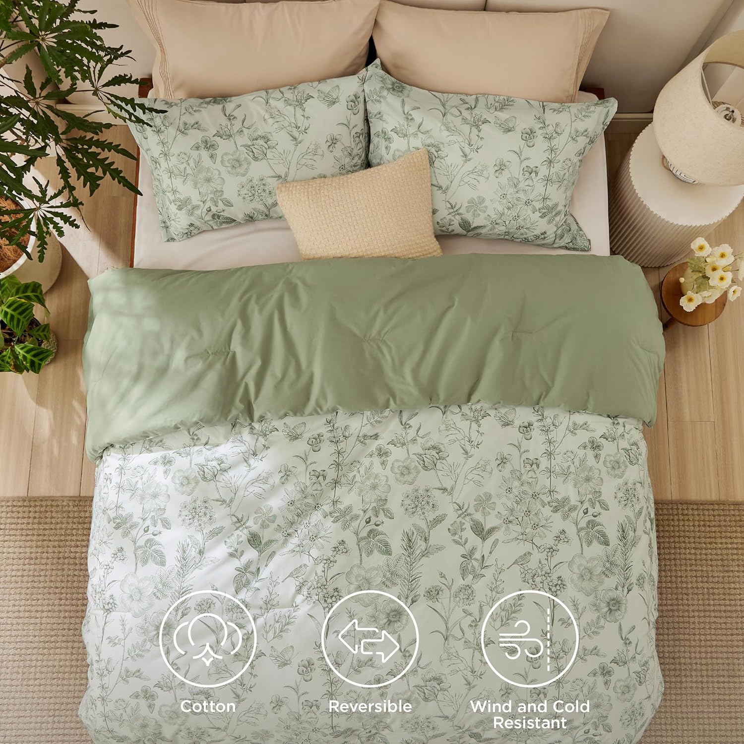 Bedsure Floral Comforter Set King Size - 100% Cotton Fabric with Microfiber Inner Fill, Sage Green Bedding Comforter Set, 3 Pieces, 1 Soft Reversible Botanical Flower Comforter and 2 Pillow Shams