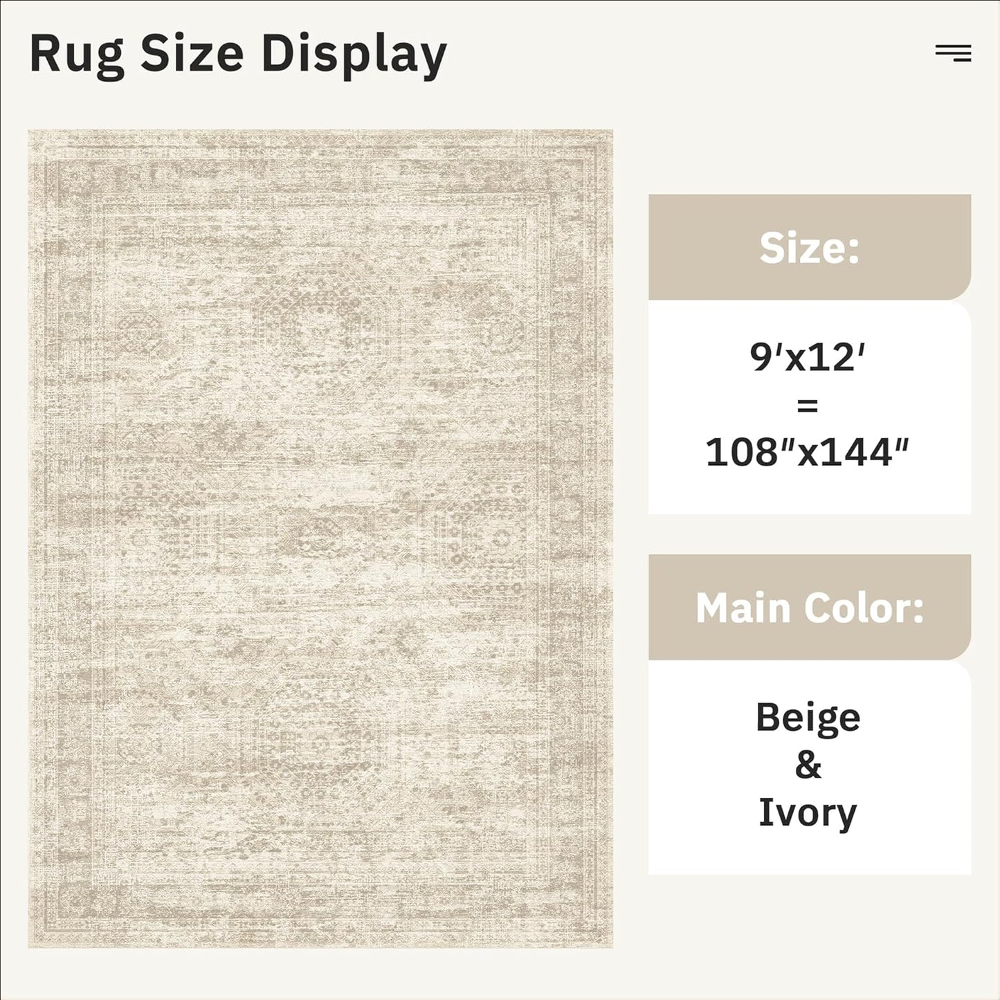 9x12 Area Rugs for Living Room, Non Slip Machine Washable Vintage Rugs, Low Pile Lightweight Large Rug for Bedroom, Dining Room, Home Office Beige