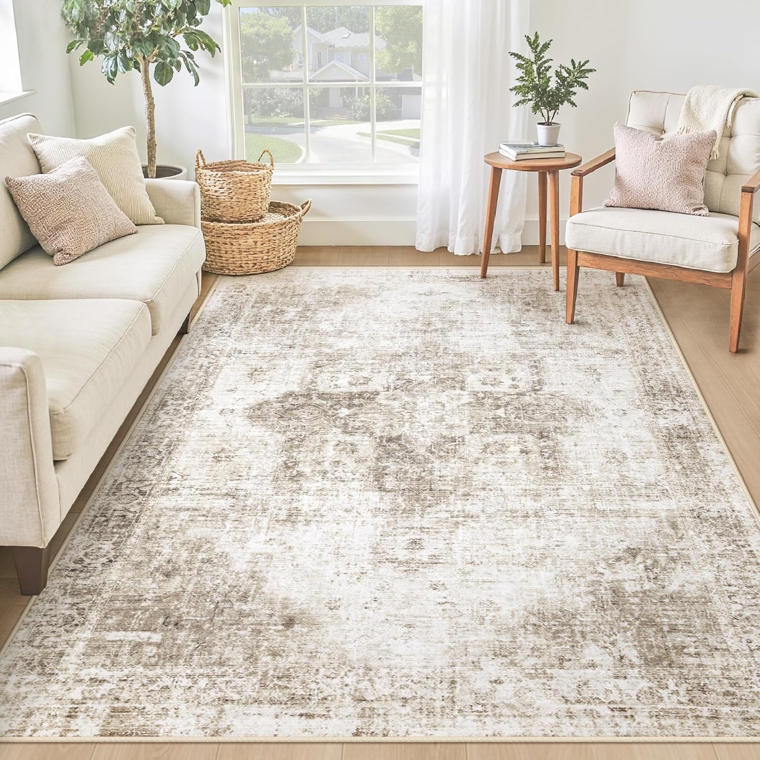 Area Rug 8x10 Washable Rug, Vintage Boho Medallion Rugs Non-Slip Soft Low Pile Large Distressed Rug Indoor Retro Carpet for Living Room Bedroom Dining Room Home Office (Beige, 8'x10')