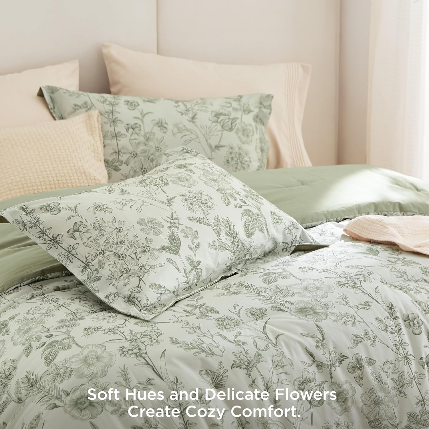 Bedsure Floral Comforter Set King Size - 100% Cotton Fabric with Microfiber Inner Fill, Sage Green Bedding Comforter Set, 3 Pieces, 1 Soft Reversible Botanical Flower Comforter and 2 Pillow Shams