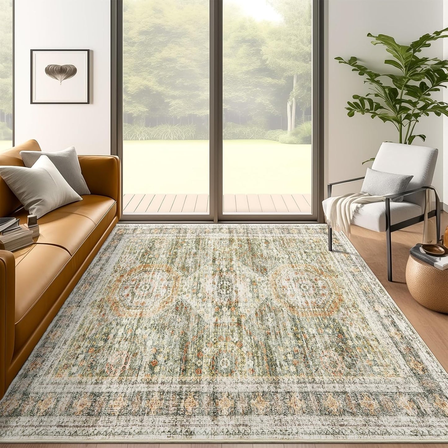9x12 Area Rugs for Living Room, Non Slip Machine Washable Vintage Rugs, Low Pile Lightweight Large Rug for Bedroom, Dining Room, Home Office Beige
