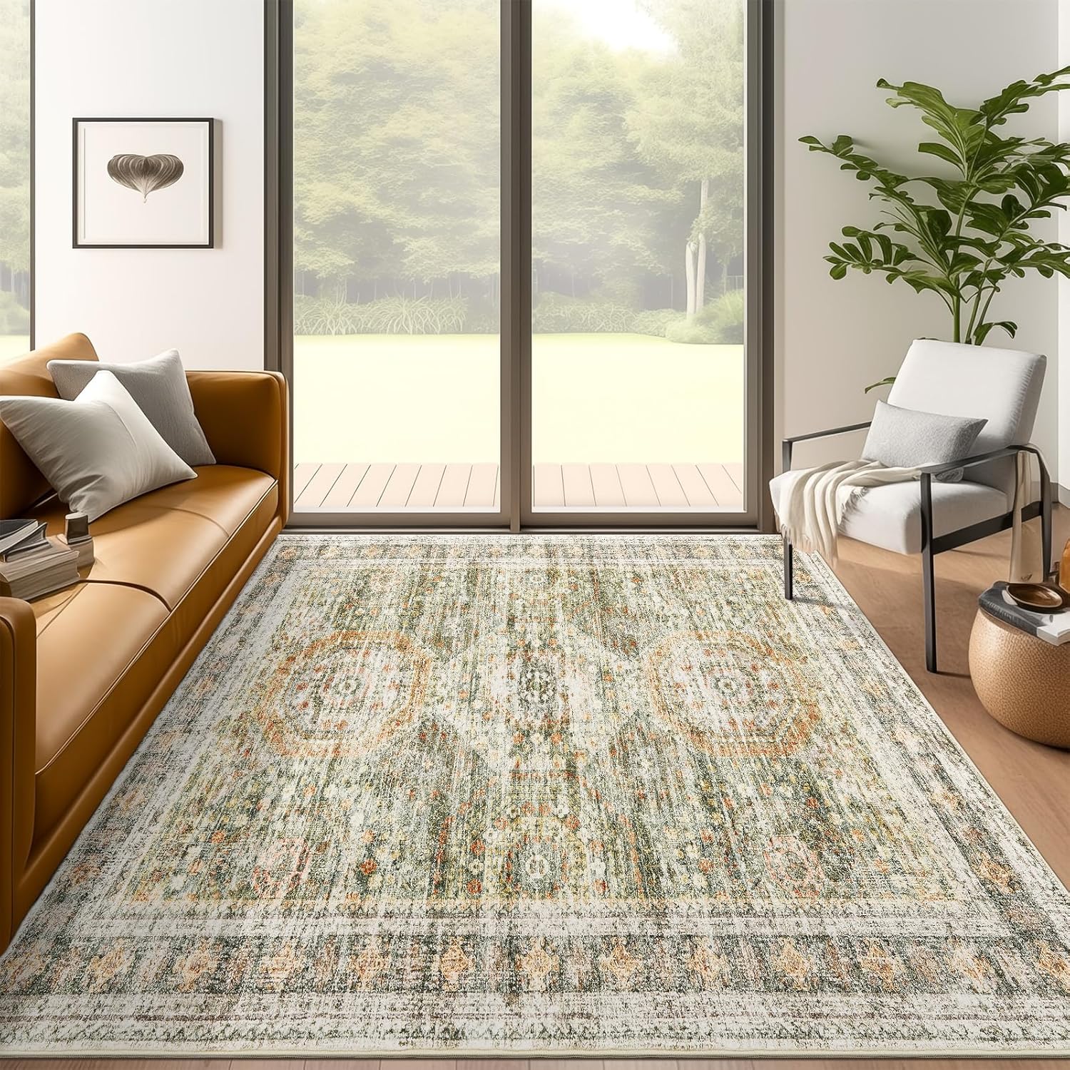 Washable Area Rug 8x10, Large Soft Rugs for Living Room Vintage Beige Carpet 8x10 Area Rugs for Bedroom Dining Room Non-Slip Stain Resistant Under Table Rug