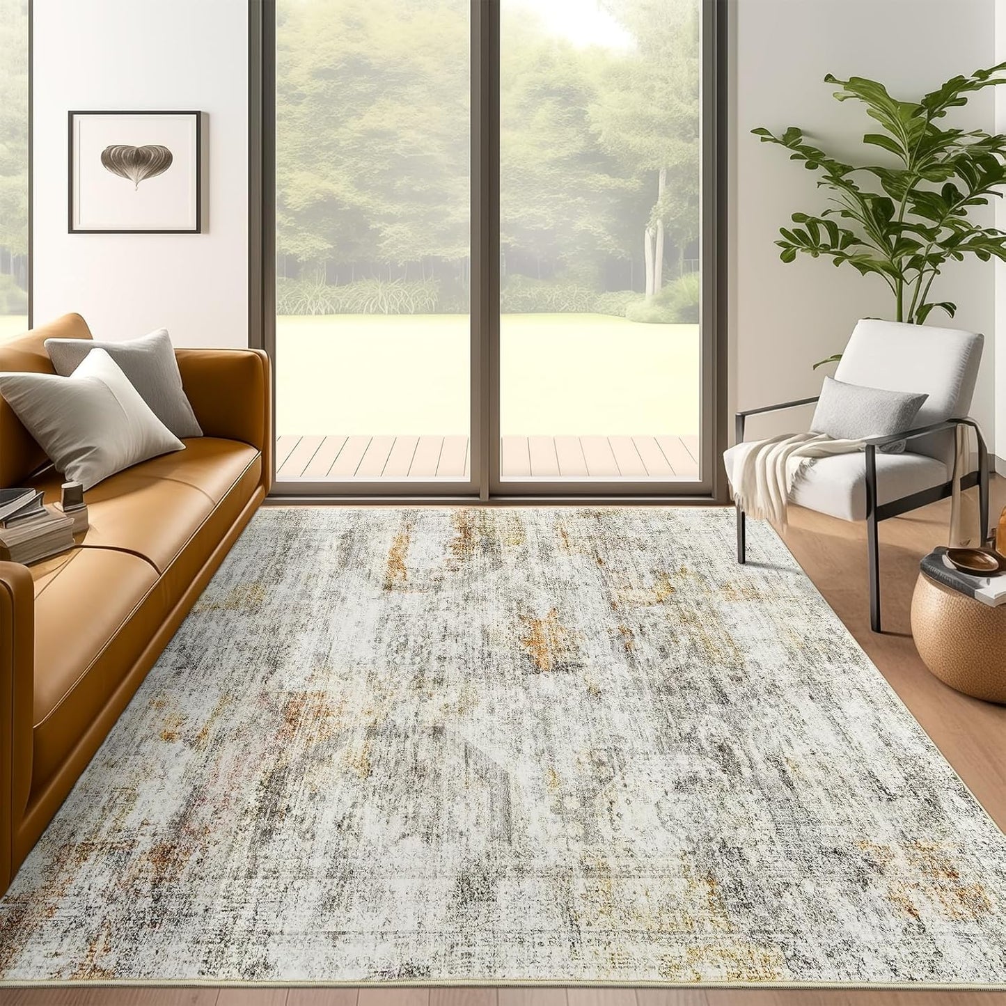9x12 Area Rugs for Living Room, Non Slip Machine Washable Vintage Rugs, Low Pile Lightweight Large Rug for Bedroom, Dining Room, Home Office Beige
