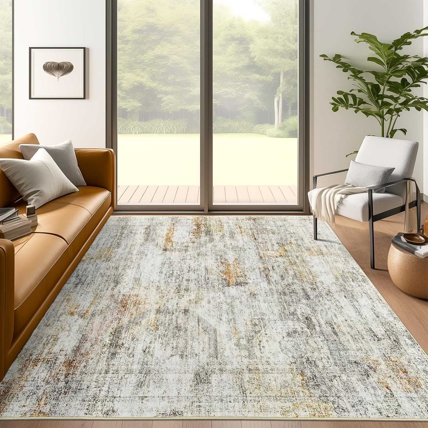 Washable Area Rug 8x10, Large Soft Rugs for Living Room Vintage Beige Carpet 8x10 Area Rugs for Bedroom Dining Room Non-Slip Stain Resistant Under Table Rug