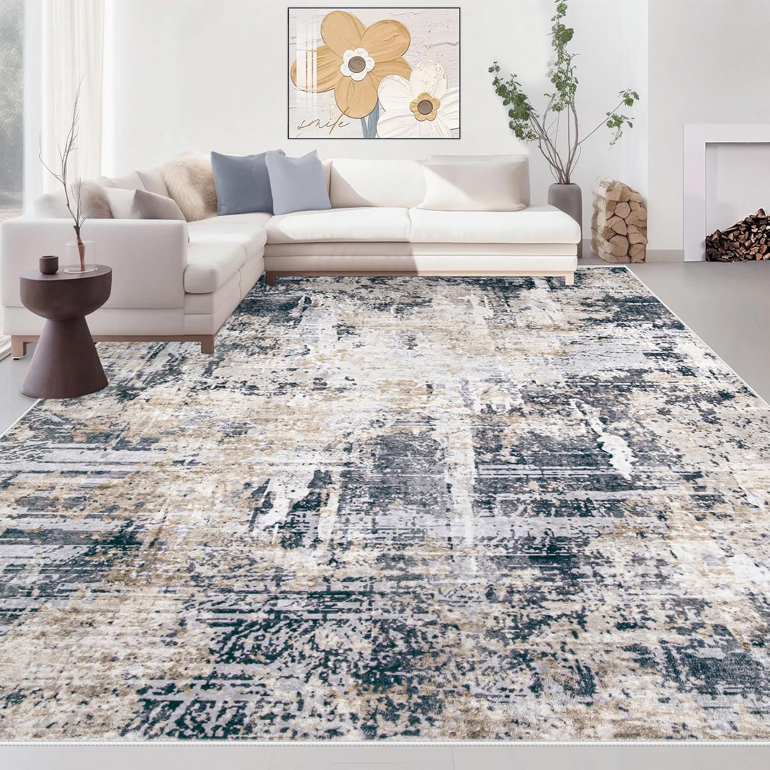 Area Rugs 8x10 Living Room: Washable Rug Modern Abstract Large Rugs Soft Non Slip Neutral Rug Stain Resistant Indoor Carpet for Bedroom Kitchen Dining Room Table Nursery Home Office Rugs(Beige,8'x10')