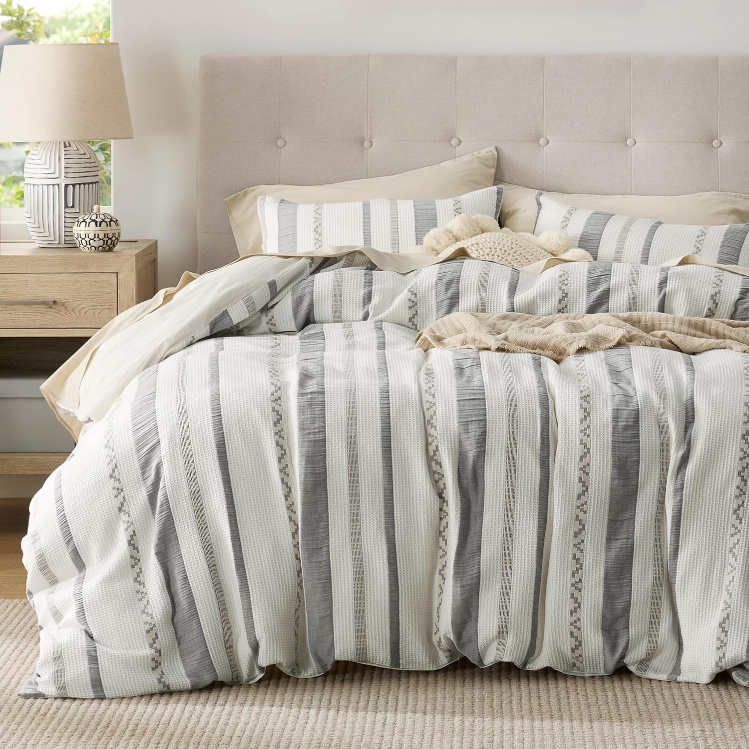 Bedsure Waffle King Size Comforter Set - Linen Soft Cotton Bedding Set for All Seasons, Stripe Fluffy Bed Set 3 Pieces with 1 Waffle Weave Comforter King Size and 2 Pillow Shams