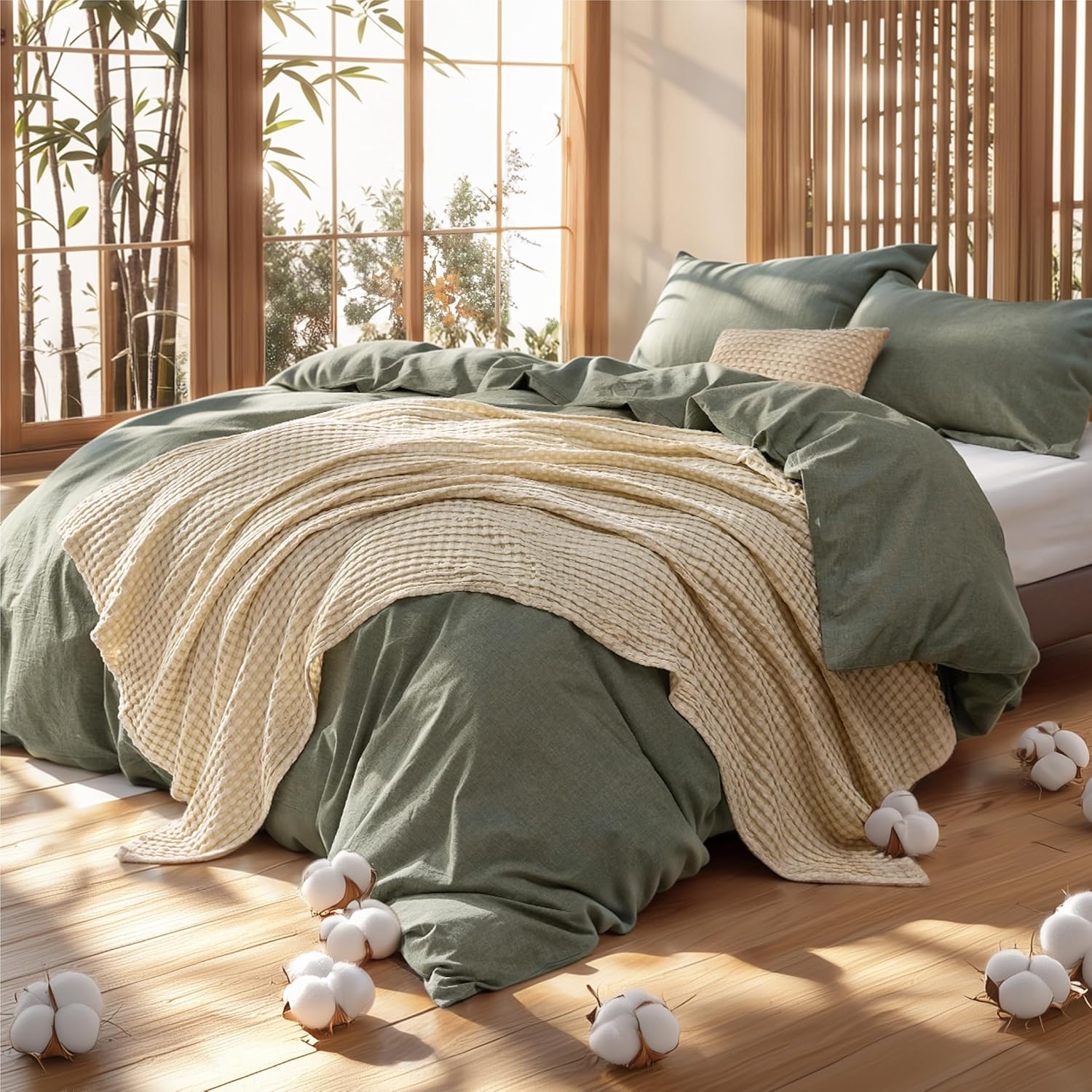 Bedsure 5 Pieces Cotton Comforter Set with Cotton Waffle Throw Blanket - White Queen Comforter, Pillow Shams, Taupe Cooling Blanket of Rayon Derived from Bamboo for Hot Sleepers, Throw Pillow