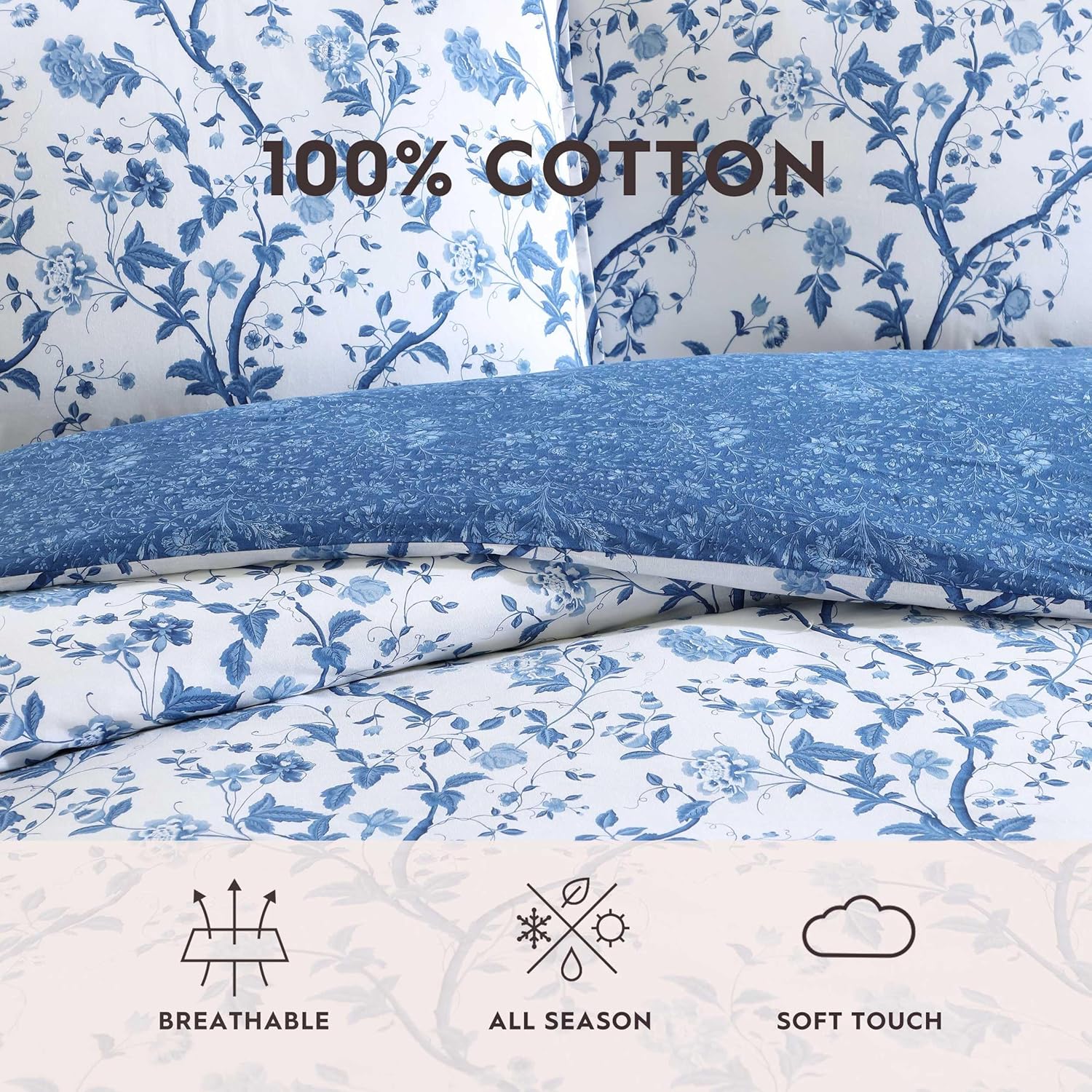 Laura Ashley - Queen Comforter Set, Soft & Reversible Cotton Bedding, Medium Weight for Year Round Comfort, 7 Piece Bed Set with Matching Pillowcases, Euro Shams & Bonus Throw Pillows (Elise Blue)