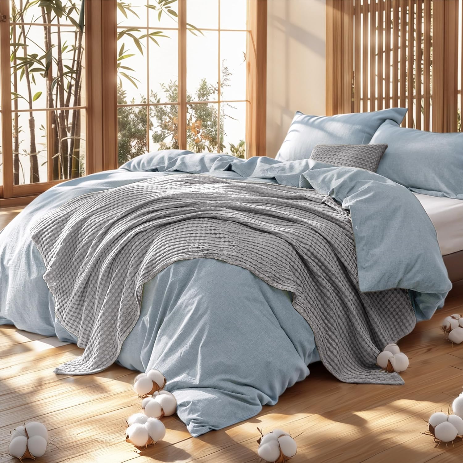 Bedsure 5 Pieces Cotton Comforter Set with Cotton Waffle Throw Blanket - White Queen Comforter, Pillow Shams, Taupe Cooling Blanket of Rayon Derived from Bamboo for Hot Sleepers, Throw Pillow