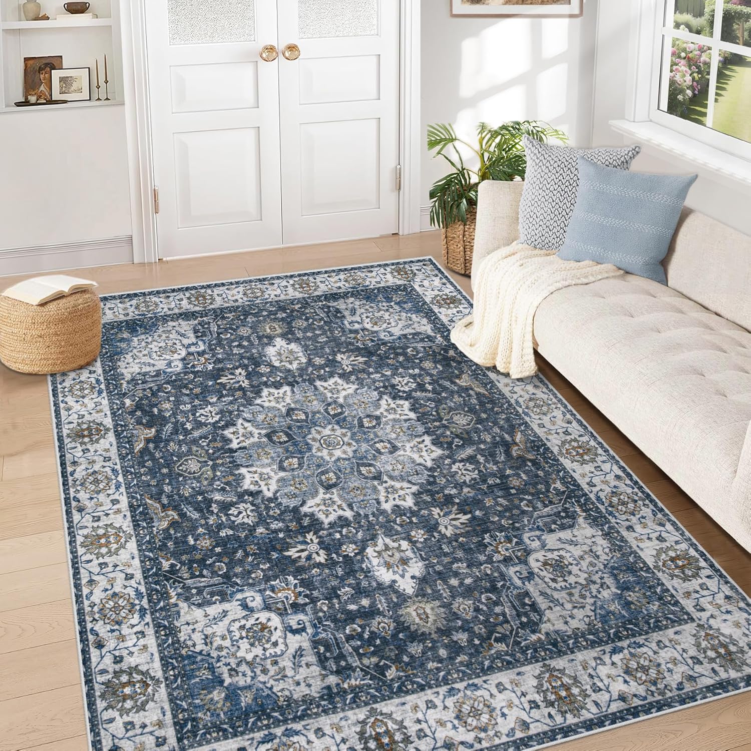 Area Rug 8x10 Washable Rug, Vintage Boho Medallion Rugs Non-Slip Soft Low Pile Large Distressed Rug Indoor Retro Carpet for Living Room Bedroom Dining Room Home Office (Beige, 8'x10')