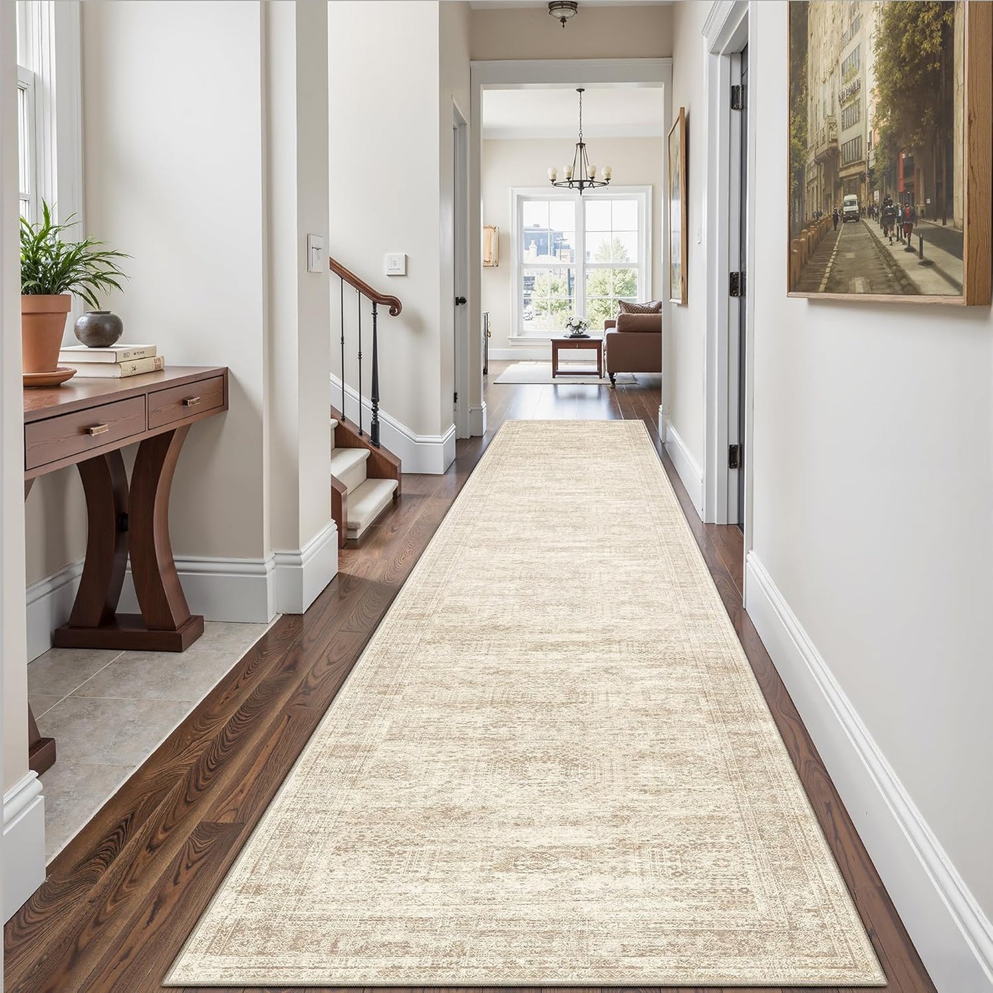 9x12 Area Rugs for Living Room, Non Slip Machine Washable Vintage Rugs, Low Pile Lightweight Large Rug for Bedroom, Dining Room, Home Office Beige