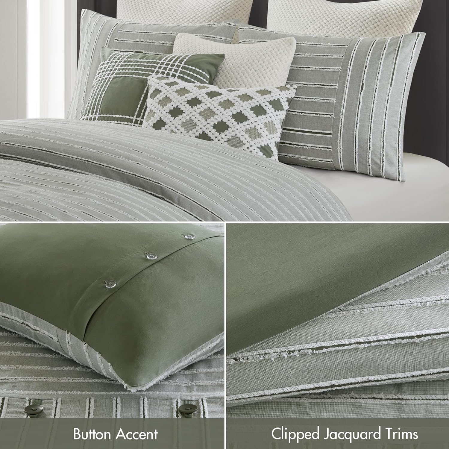 Madison Park Comforter Set Cotton Clipped Jacquard, Oversized Comforters, All Season Down Alternative Overfilled King Size Comforter, Essence, Green 9 Piece