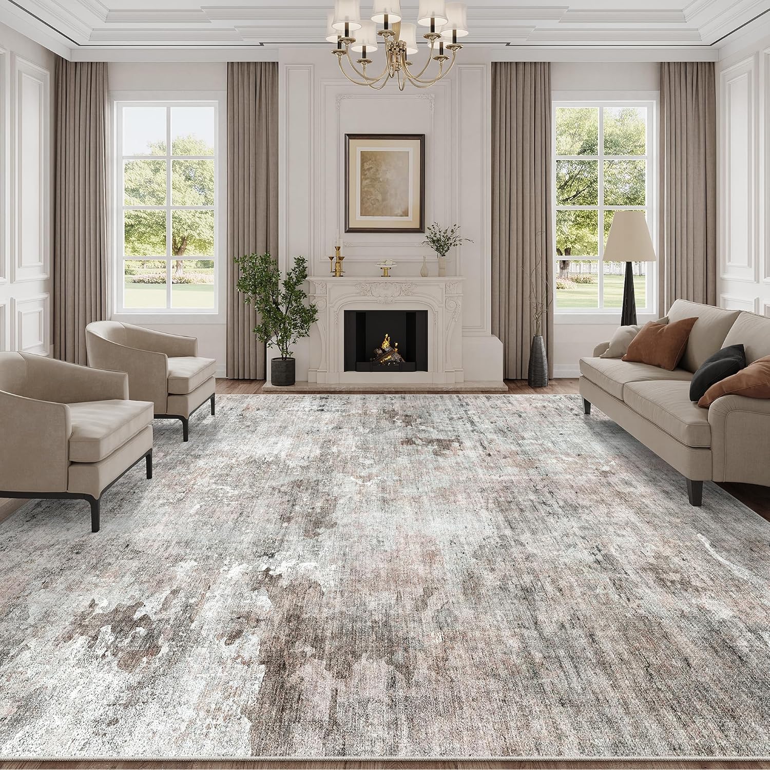 Washable Area Rug 8x10, Large Soft Rugs for Living Room Vintage Beige Carpet 8x10 Area Rugs for Bedroom Dining Room Non-Slip Stain Resistant Under Table Rug