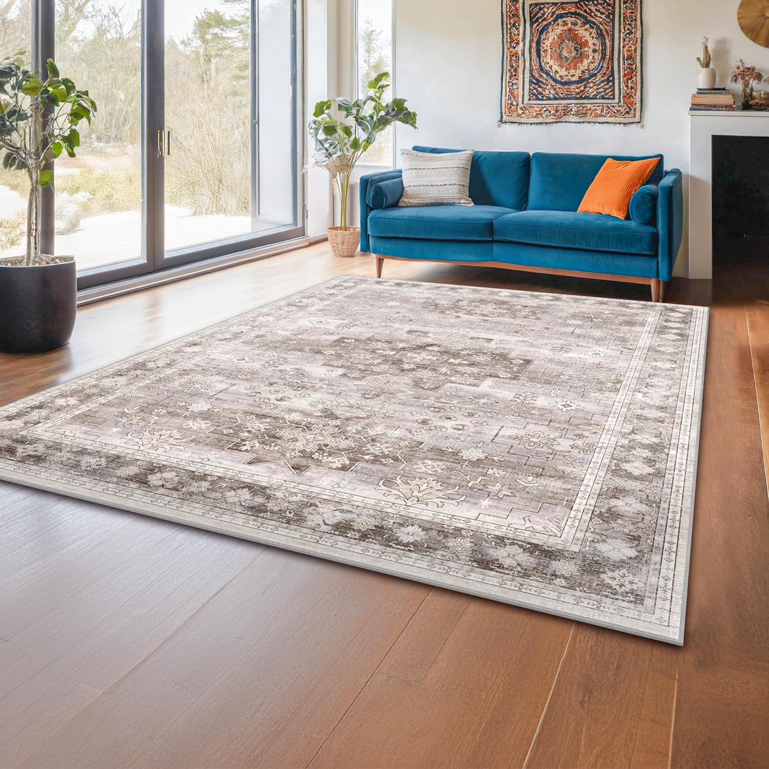 Black Farmhouse Washable 8x10 Area Rugs for Living Room, Bedroom, Dining Room Kitchen Table Rug for Under Table, Office, Dark Charcoal Tumble Stain Resistant Non-Slip Large Washable (8x10 Black/Multi)