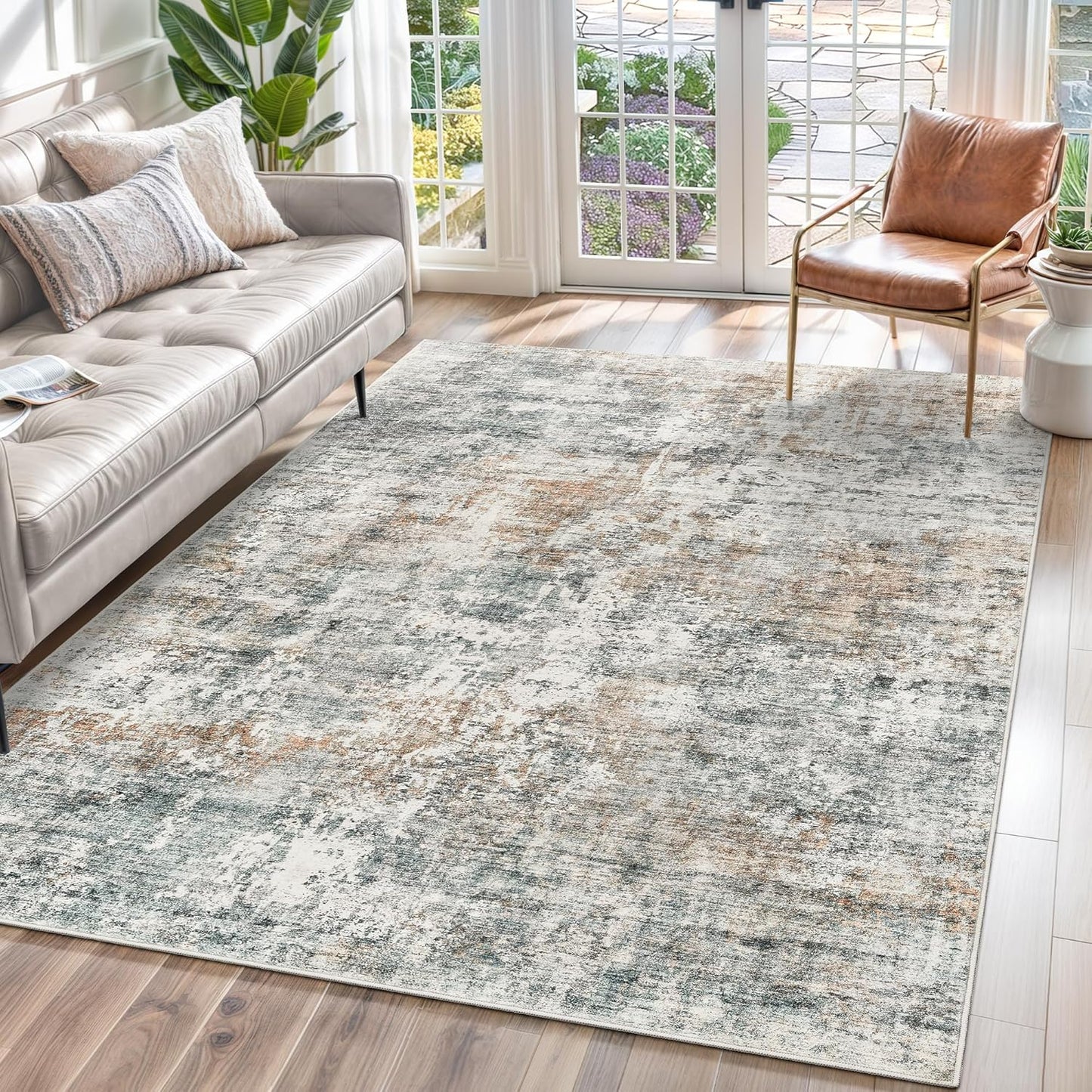 9x12 Area Rugs for Living Room, Non Slip Machine Washable Vintage Rugs, Low Pile Lightweight Large Rug for Bedroom, Dining Room, Home Office Beige