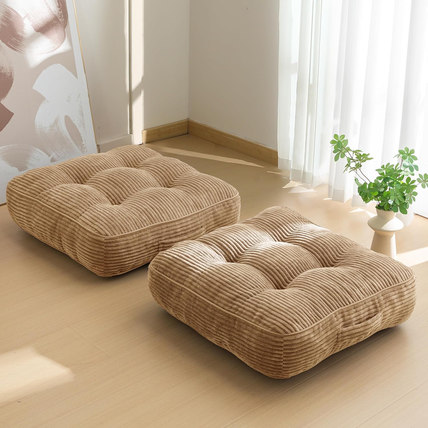 Washable Floor Pillow Cushion for Adults, Meditation Cushion Pillow, Large Square Floor Sitting, Removable Tufted Corduroy Cover, for Tatami Living Room or Yoga, 22x22 Inch, 2Pack, Machine Washable