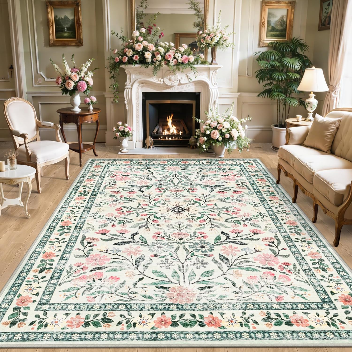 8x10 Area Rugs for Living Room: Floral Washable Rug Vintage Large Soft Boho Non-Slip Carpet Indoor Floor Stain Resistant Carpets for Bedroom Dining Room Farmhouse Nursery Home Office Dark Green