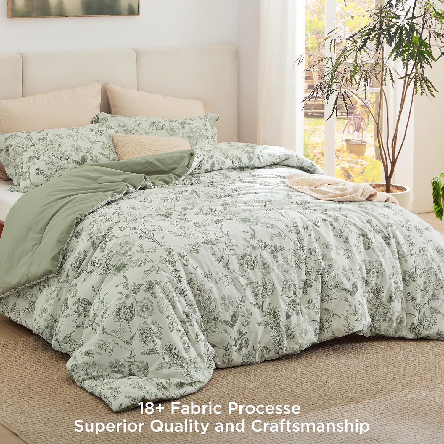 Bedsure Floral Comforter Set King Size - 100% Cotton Fabric with Microfiber Inner Fill, Sage Green Bedding Comforter Set, 3 Pieces, 1 Soft Reversible Botanical Flower Comforter and 2 Pillow Shams