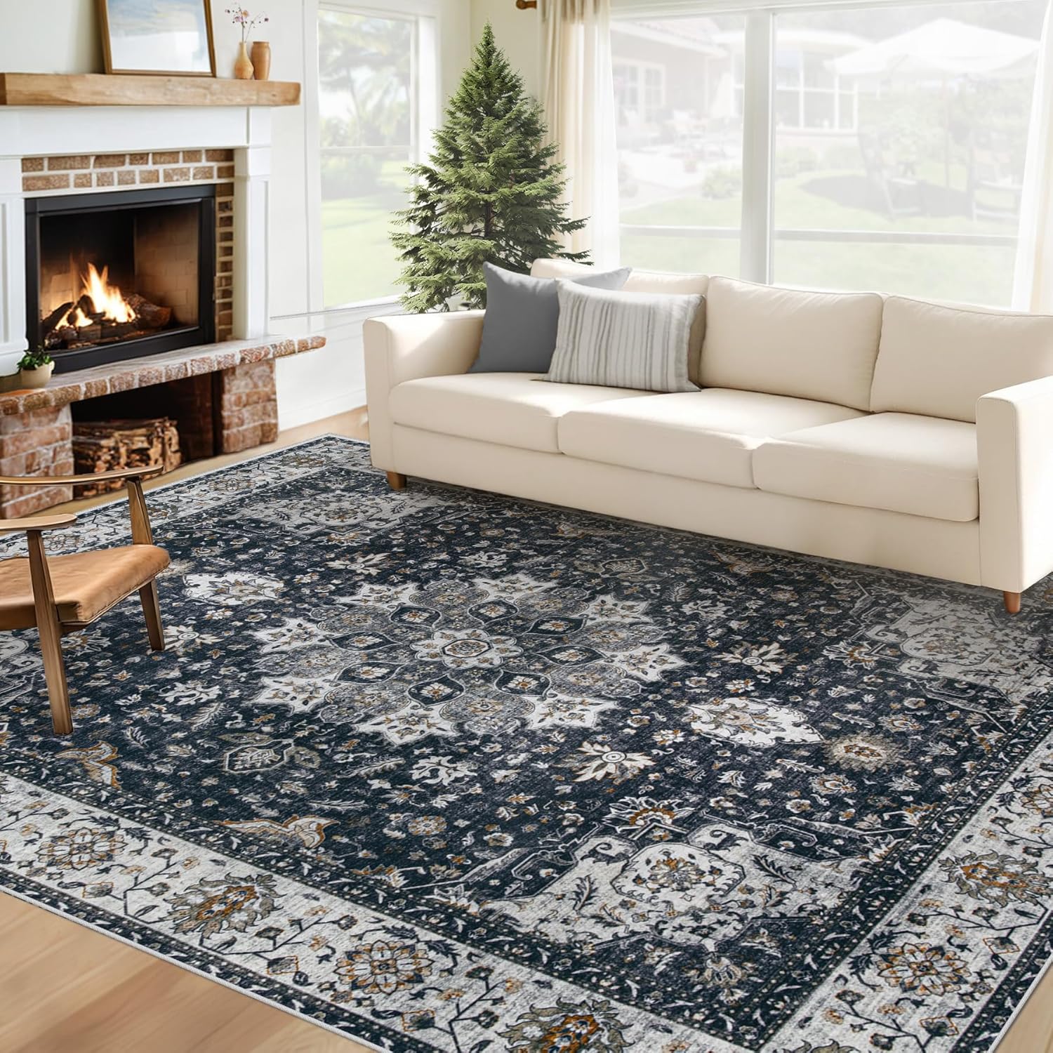 Area Rug 8x10 Washable Rug, Vintage Boho Medallion Rugs Non-Slip Soft Low Pile Large Distressed Rug Indoor Retro Carpet for Living Room Bedroom Dining Room Home Office (Beige, 8'x10')