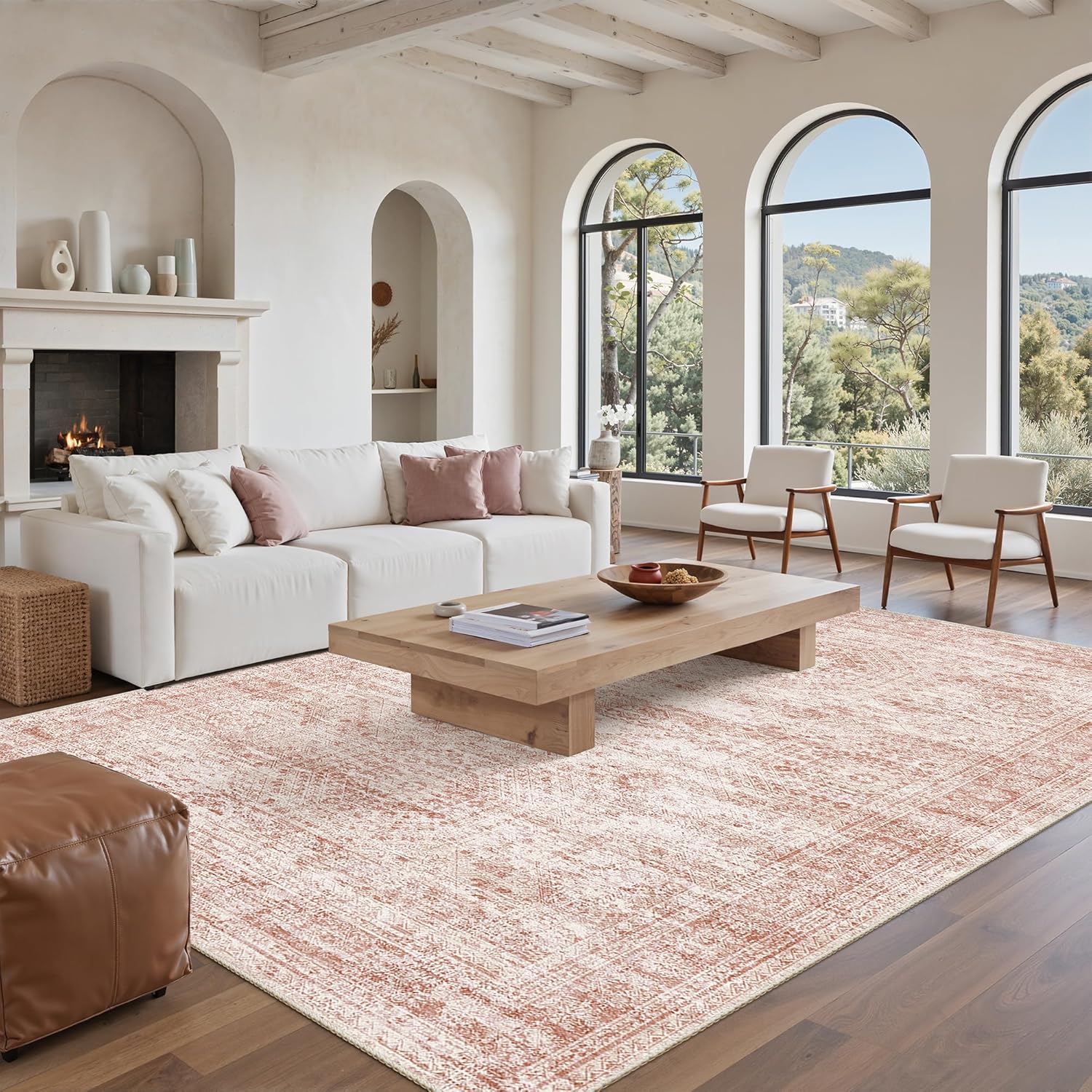 Washable Area Rug 8x10, Large Soft Rugs for Living Room Vintage Beige Carpet 8x10 Area Rugs for Bedroom Dining Room Non-Slip Stain Resistant Under Table Rug