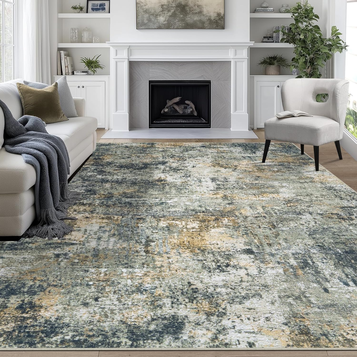 8x10 Area Rugs for Living Room Rug Washable: Abstract Large Rug for Dining Room Bedroom Carpet Non Slip 8 by 10 Indoor Modern Nursery Home Office Blue Grey