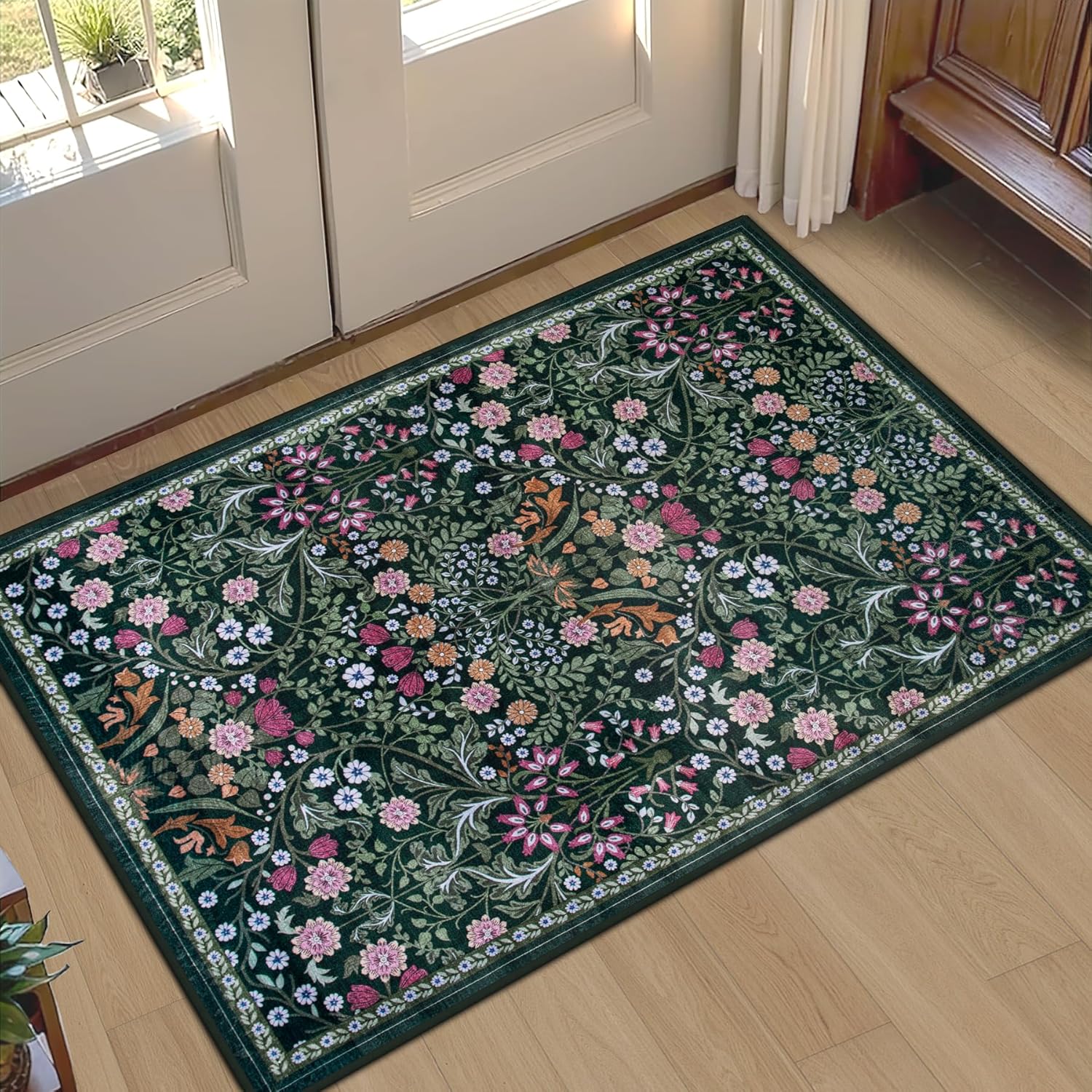 8x10 Area Rugs for Living Room: Floral Washable Rug Vintage Large Soft Boho Non-Slip Carpet Indoor Floor Stain Resistant Carpets for Bedroom Dining Room Farmhouse Nursery Home Office Dark Green