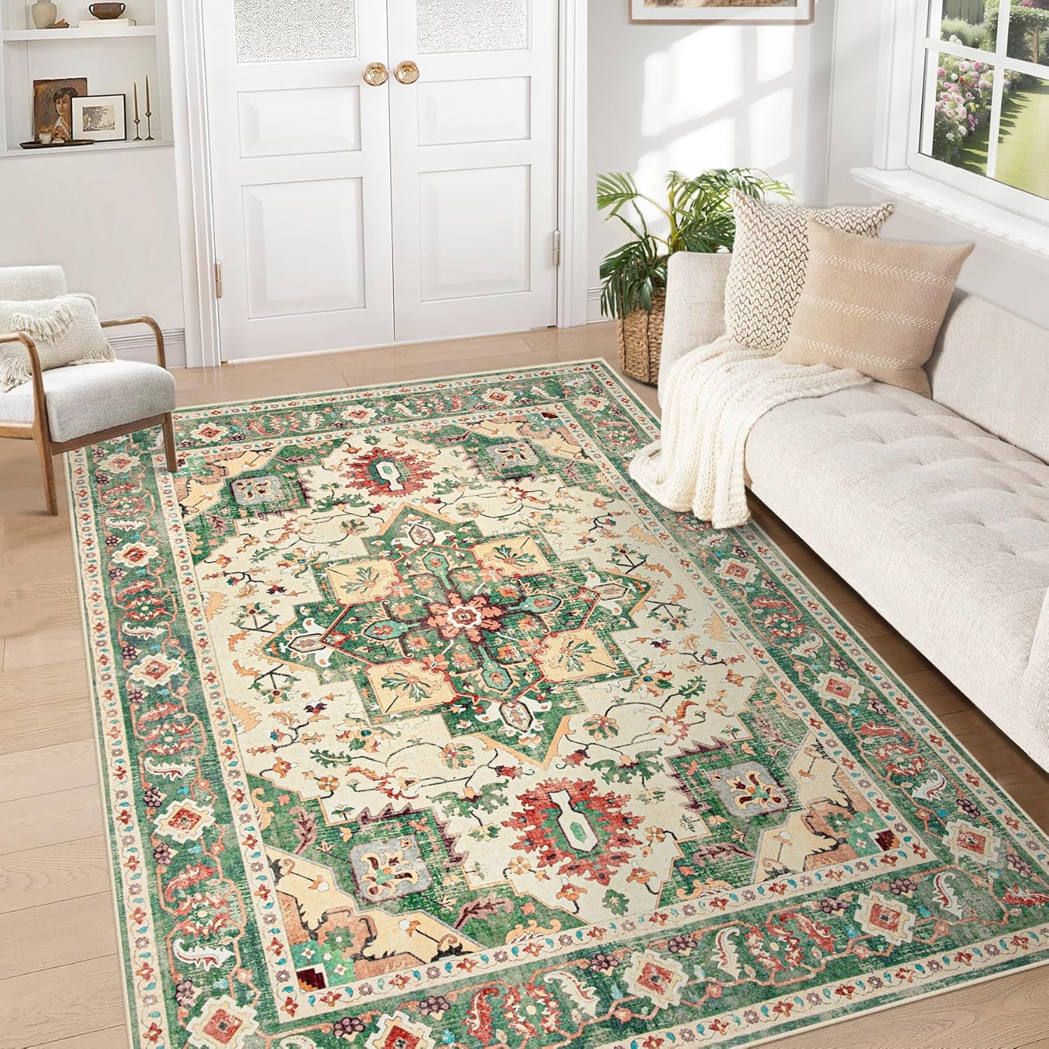 Area Rug 8x10 Washable Rug, Vintage Boho Medallion Rugs Non-Slip Soft Low Pile Large Distressed Rug Indoor Retro Carpet for Living Room Bedroom Dining Room Home Office (Beige, 8'x10')