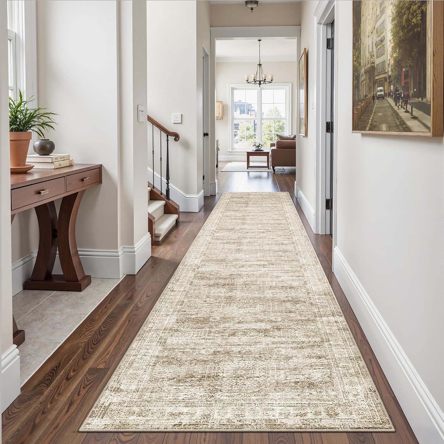 Washable Area Rug 8x10, Large Soft Rugs for Living Room Vintage Beige Carpet 8x10 Area Rugs for Bedroom Dining Room Non-Slip Stain Resistant Under Table Rug