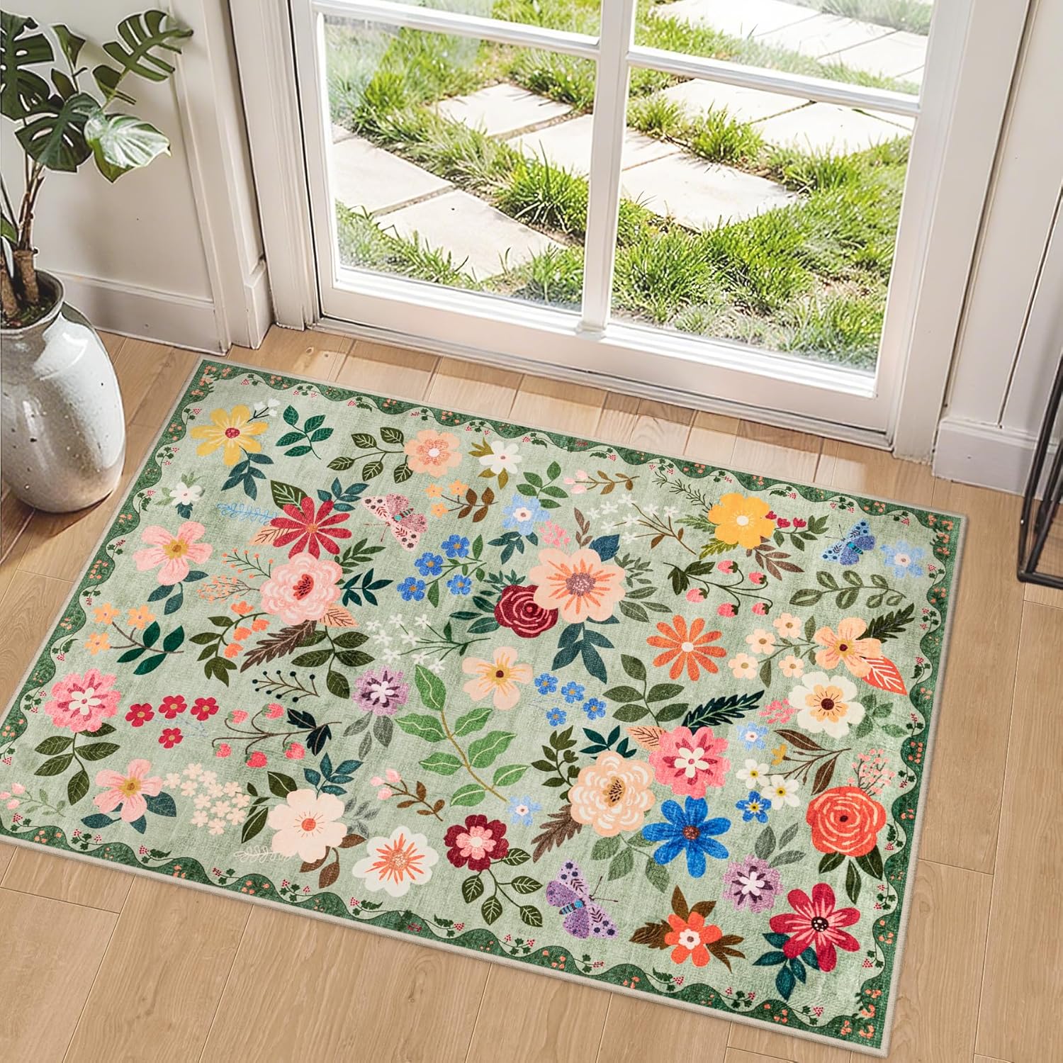 8x10 Area Rugs for Living Room: Floral Washable Rug Vintage Large Soft Boho Non-Slip Carpet Indoor Floor Stain Resistant Carpets for Bedroom Dining Room Farmhouse Nursery Home Office Dark Green