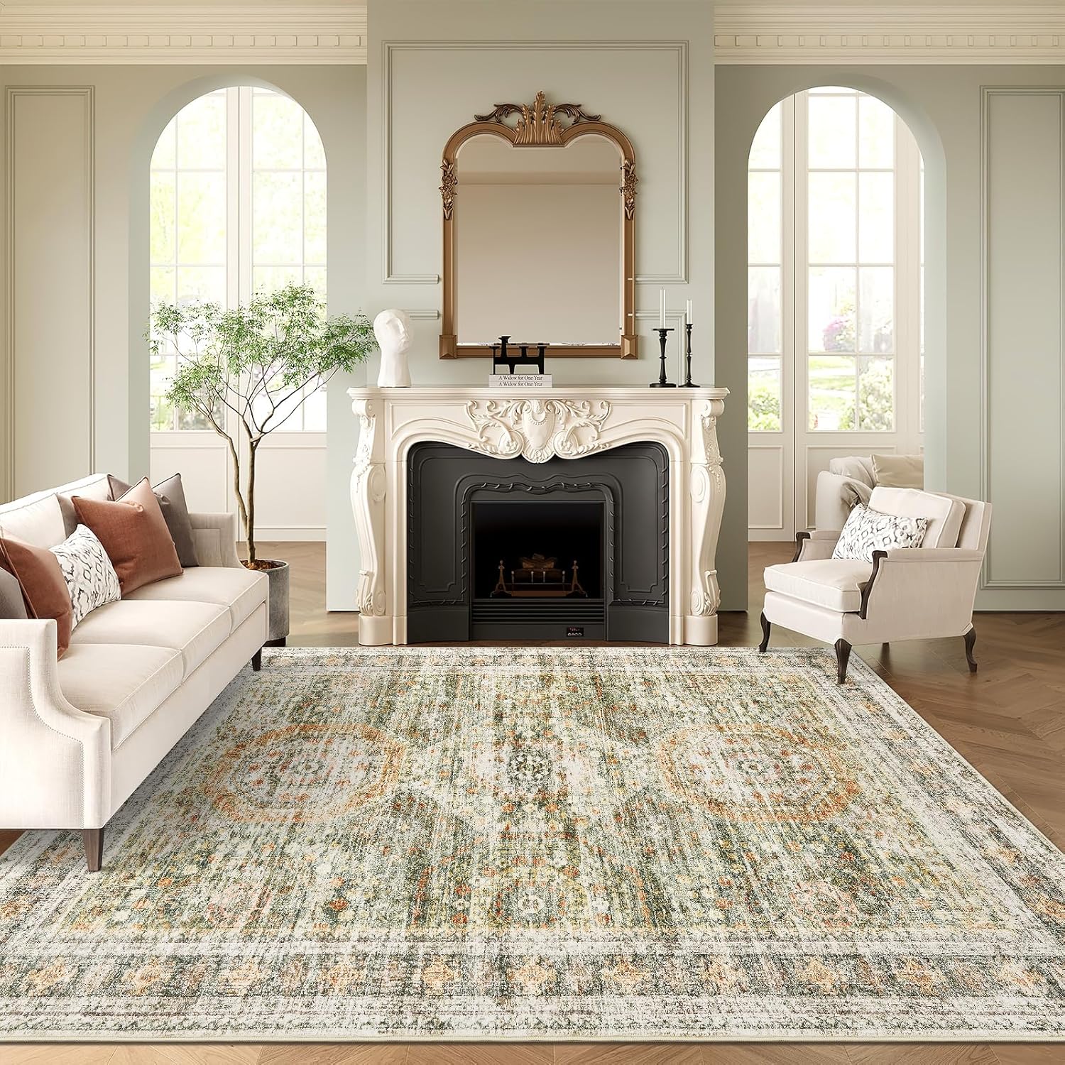 Washable Area Rug 8x10, Large Soft Rugs for Living Room Vintage Beige Carpet 8x10 Area Rugs for Bedroom Dining Room Non-Slip Stain Resistant Under Table Rug