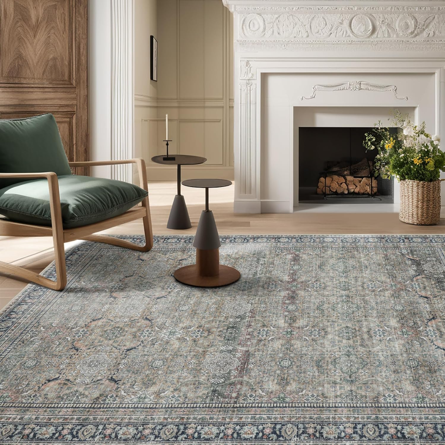 Washable Rugs 8x10 Area Rugs for Living Room,Ultra Soft Faux Wool Retro Rugs for Bedroom,Dining Room,Non Slip&Non-Shedding Low Pile Vintage Print Rug Indoor Large Carpets for Home Office Decor