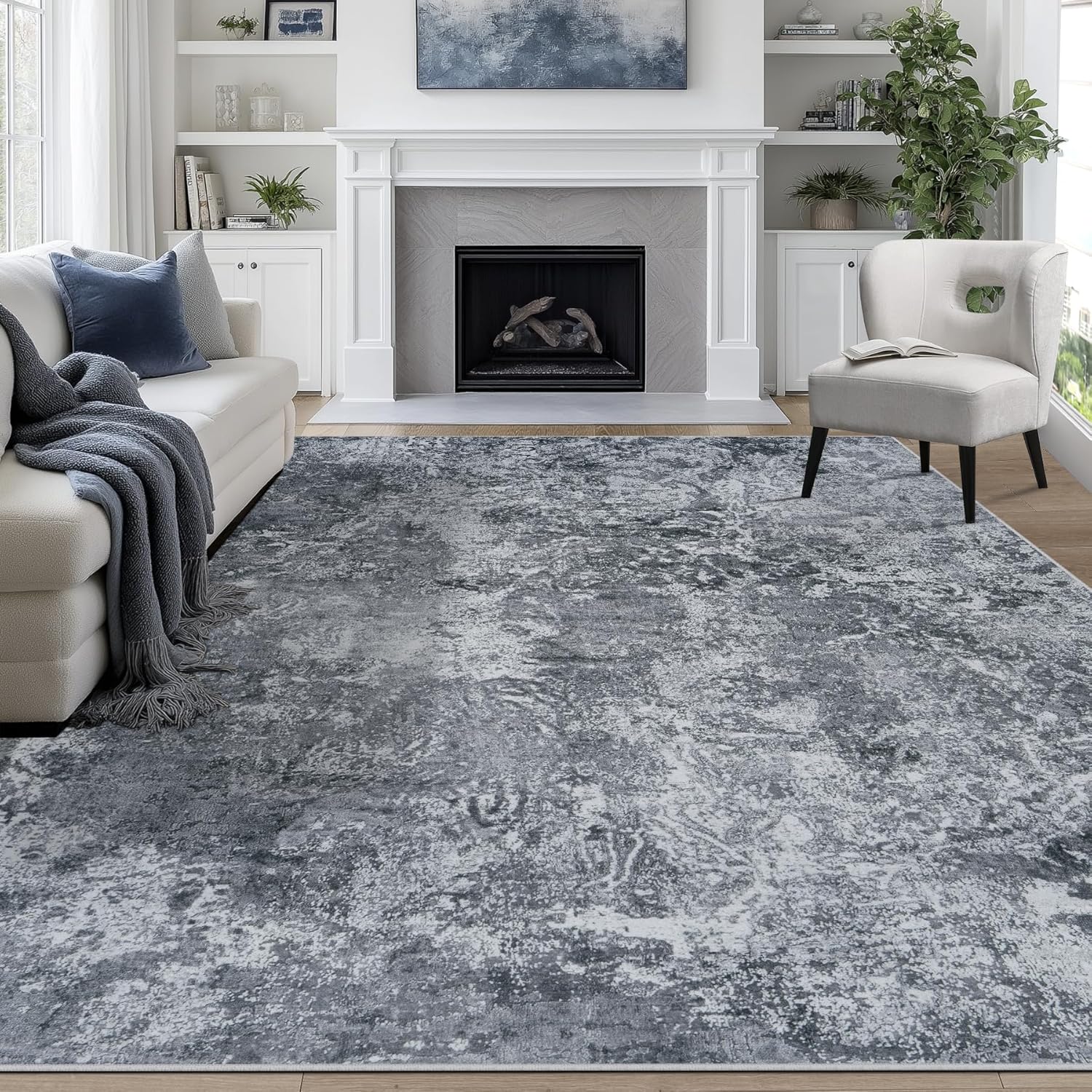 8x10 Area Rugs for Living Room Rug Washable: Abstract Large Rug for Dining Room Bedroom Carpet Non Slip 8 by 10 Indoor Modern Nursery Home Office Blue Grey