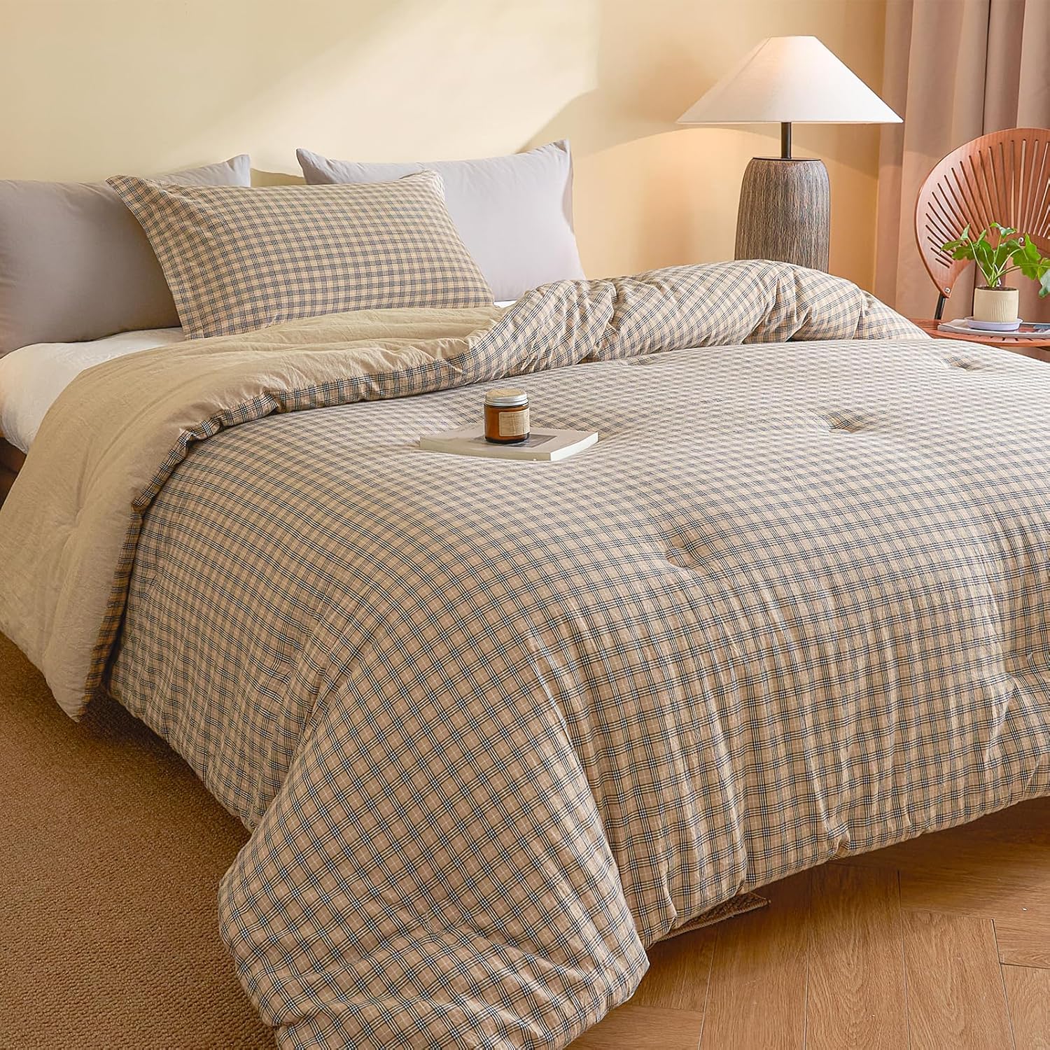 100% Cotton Comforter Set King Size – Reversible Yarn-Dyed Checkered Design, Soft Washed Cotton on Both Sides, Lightweight All-Season Bedding, Machine Washable(Grey White Plaid, 104”x90”)