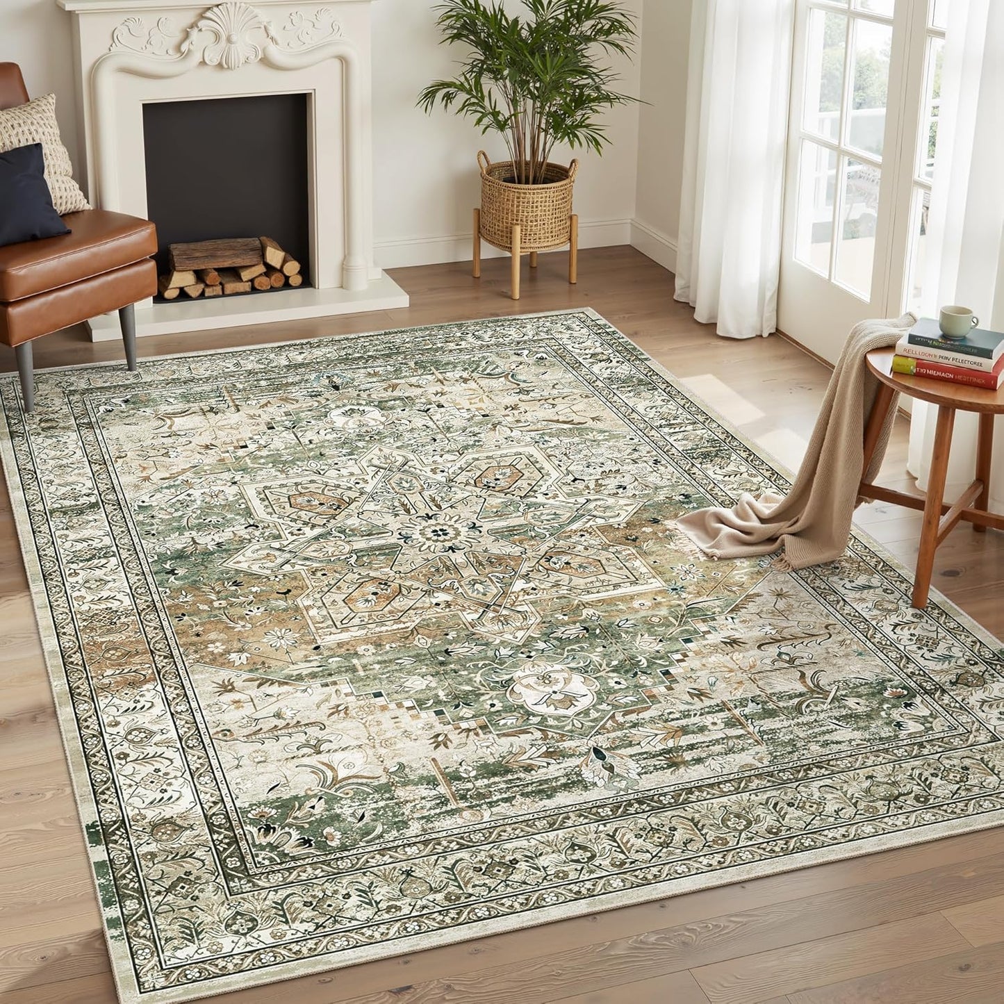 9x12 Area Rugs for Living Room, Non Slip Machine Washable Vintage Rugs, Low Pile Lightweight Large Rug for Bedroom, Dining Room, Home Office Beige