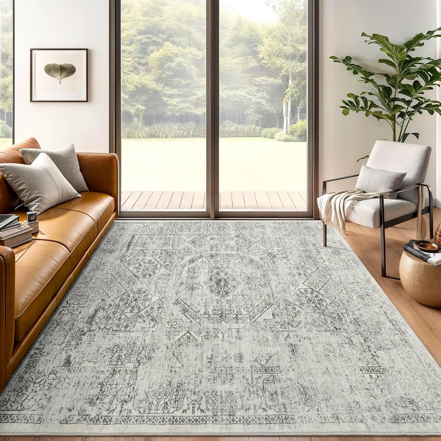 9x12 Area Rugs for Living Room, Non Slip Machine Washable Vintage Rugs, Low Pile Lightweight Large Rug for Bedroom, Dining Room, Home Office Beige
