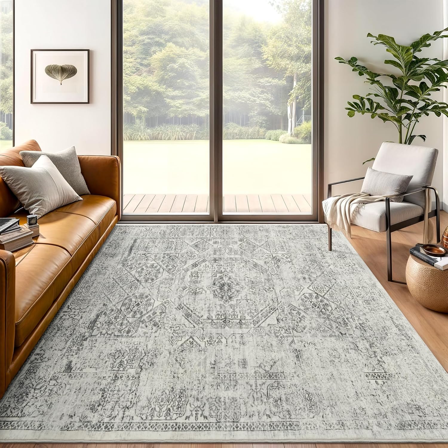 Washable Area Rug 8x10, Large Soft Rugs for Living Room Vintage Beige Carpet 8x10 Area Rugs for Bedroom Dining Room Non-Slip Stain Resistant Under Table Rug