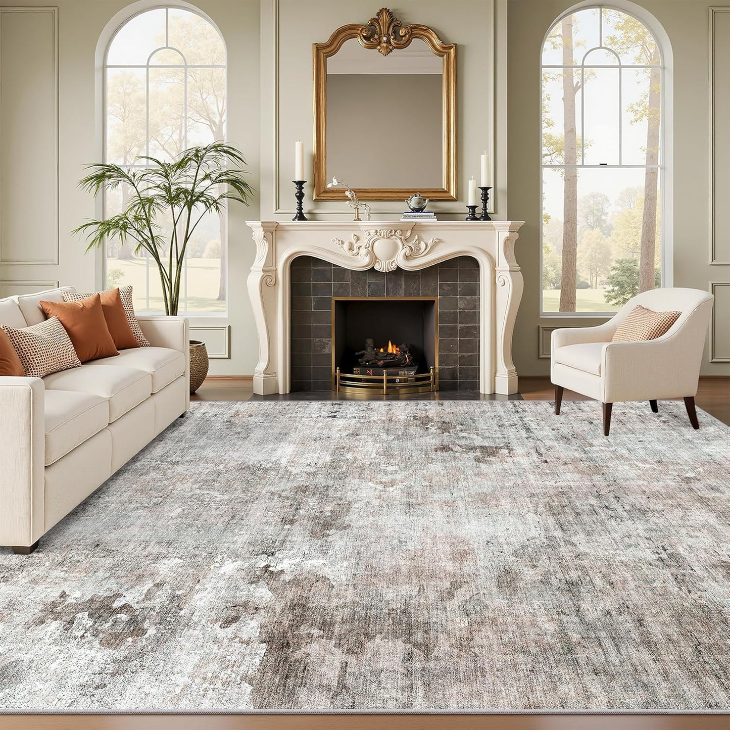 9x12 Area Rugs for Living Room, Non Slip Machine Washable Vintage Rugs, Low Pile Lightweight Large Rug for Bedroom, Dining Room, Home Office Beige