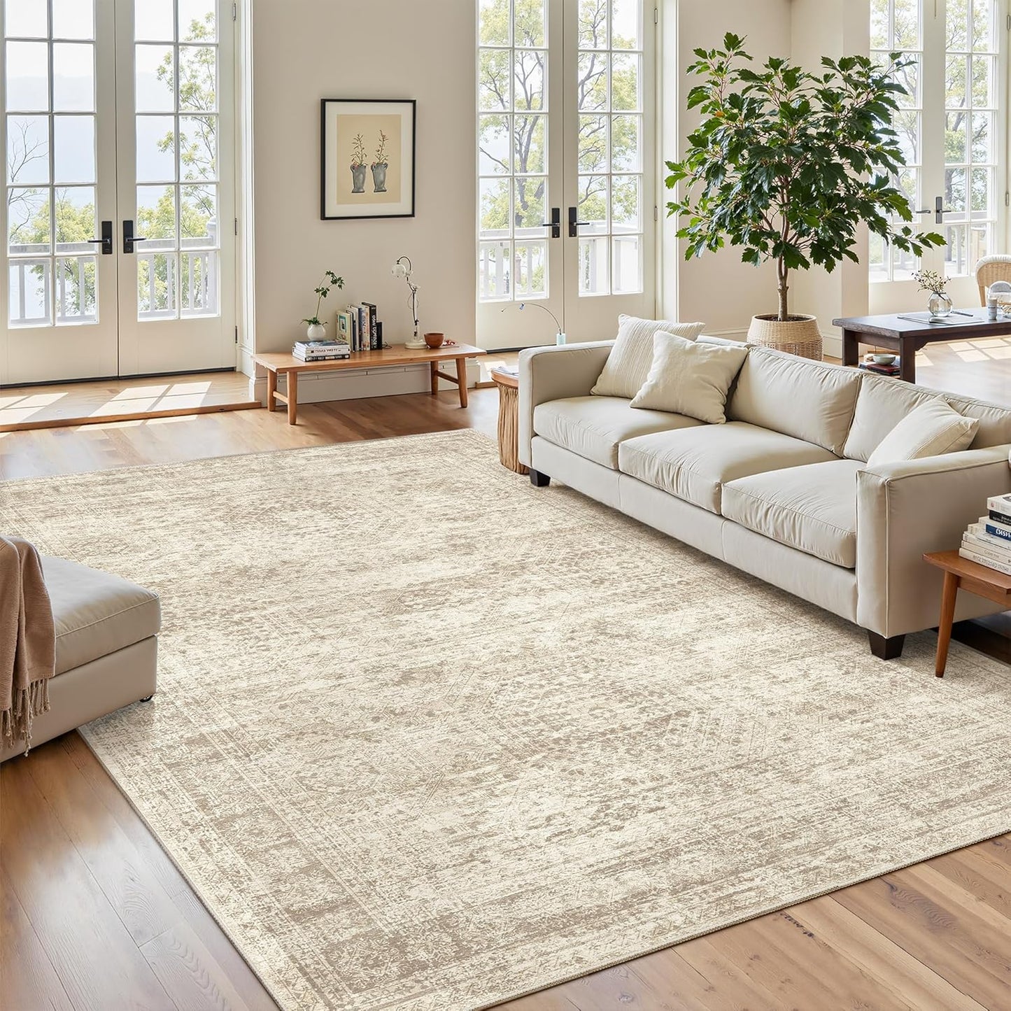 9x12 Area Rugs for Living Room, Non Slip Machine Washable Vintage Rugs, Low Pile Lightweight Large Rug for Bedroom, Dining Room, Home Office Beige