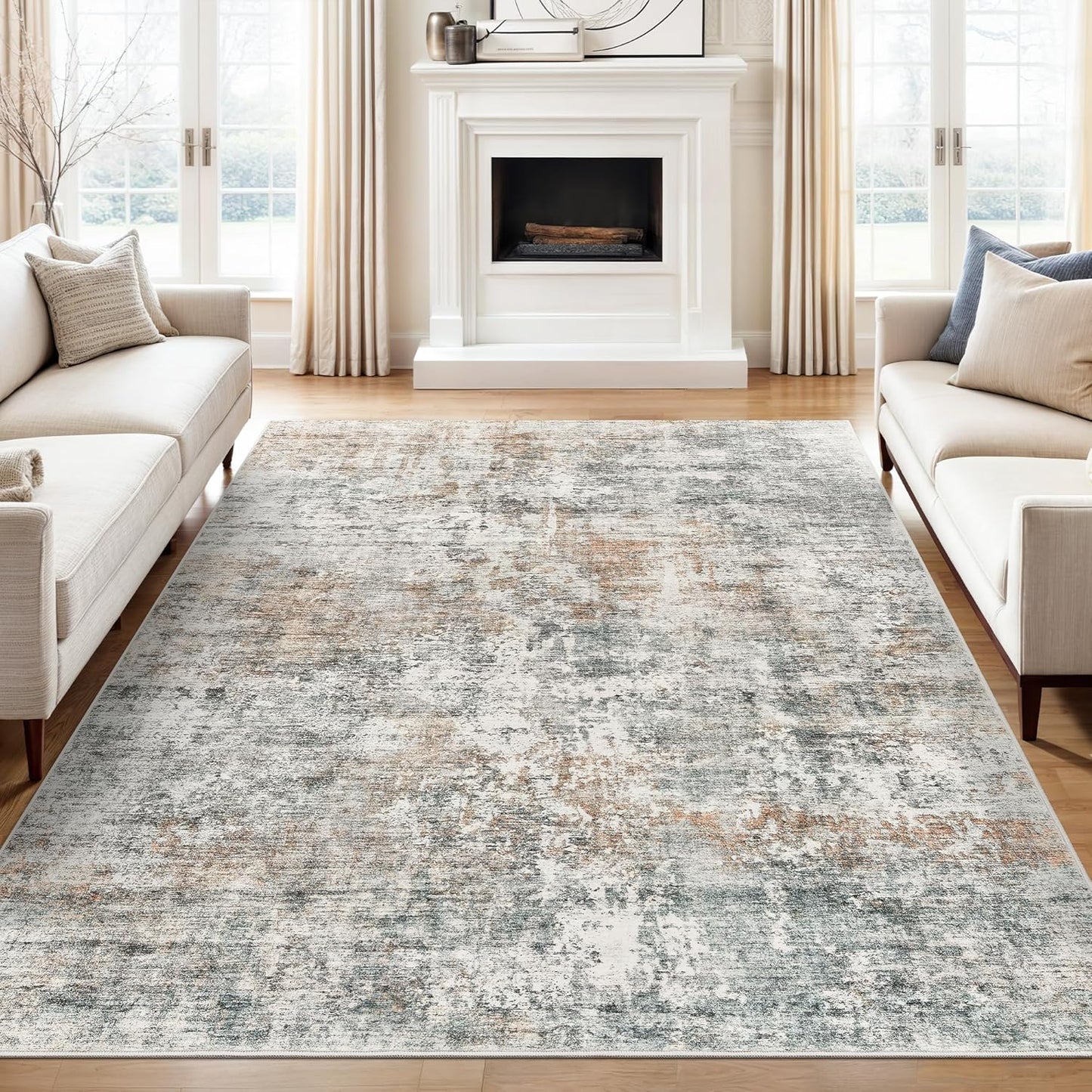 9x12 Area Rugs for Living Room, Non Slip Machine Washable Vintage Rugs, Low Pile Lightweight Large Rug for Bedroom, Dining Room, Home Office Beige